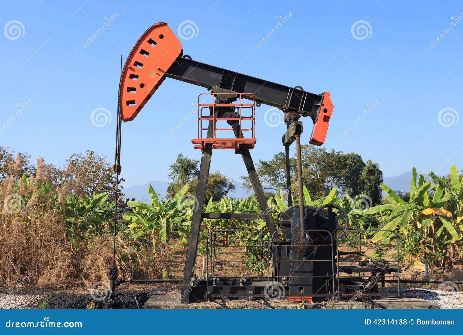 oil pump jack (sucker rod beam) in the banana field