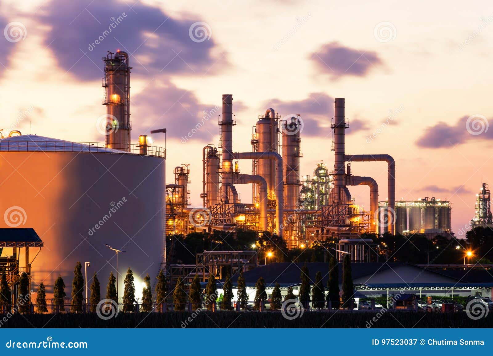 oil refinery factory at twilight, petrochemical plant, petroleum, chemical industry