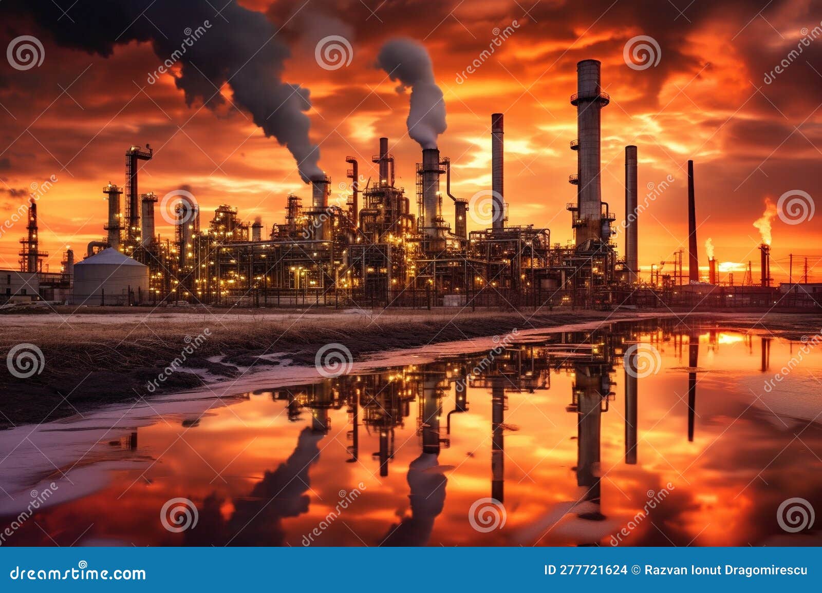 oil refinery at sunset, depicting the industrial landscape and the interplay of light and shadow. the artwork conveys the beauty