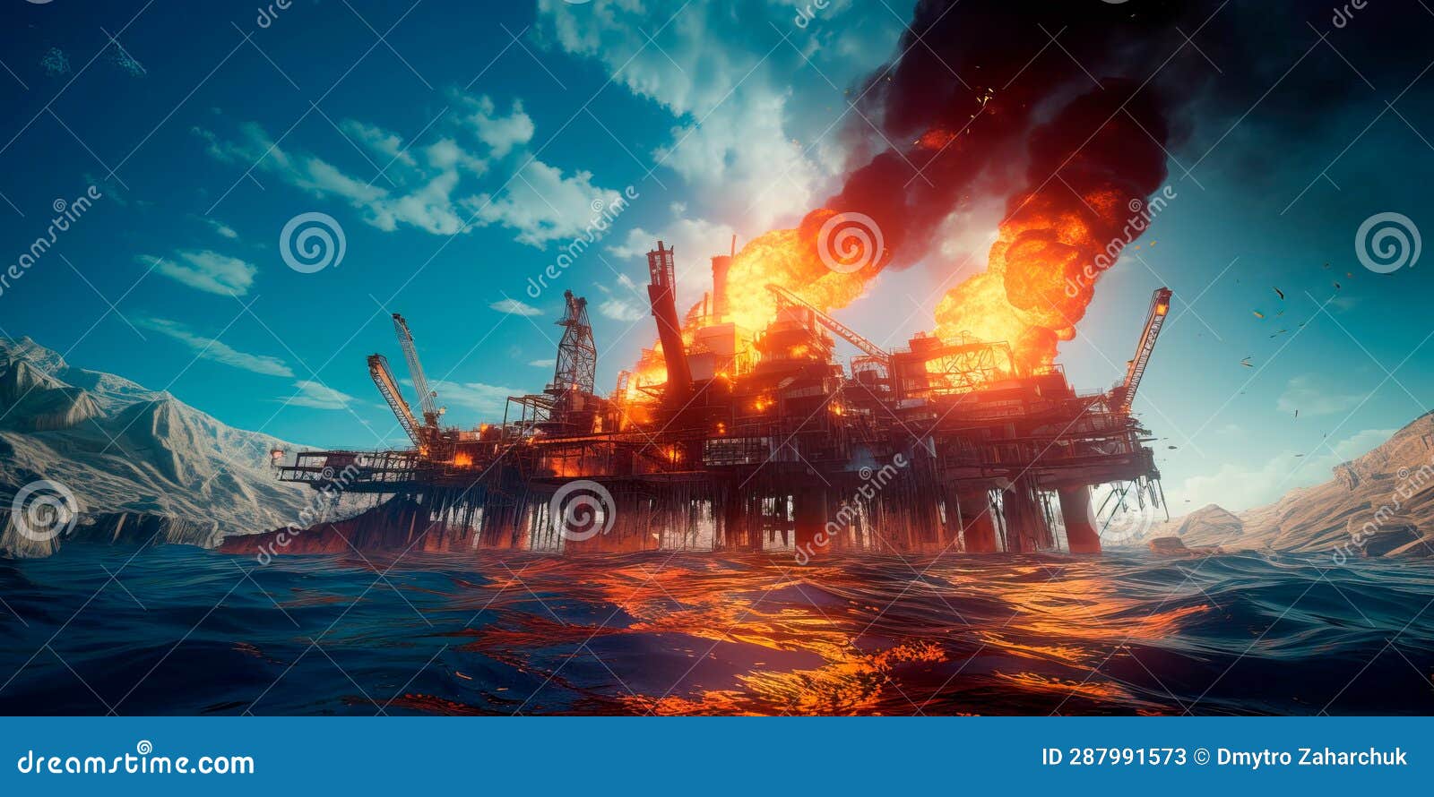 an oil rig disaster at sea, with oil slicks spreading across the ocean surface and threatening marine life. generative