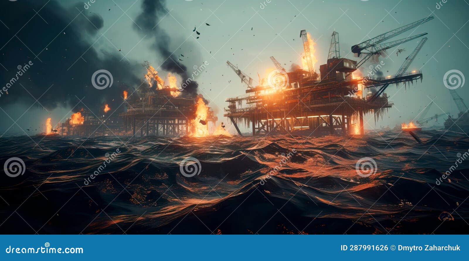 an oil rig disaster at sea, with oil slicks spreading across the ocean surface and threatening marine life. generative