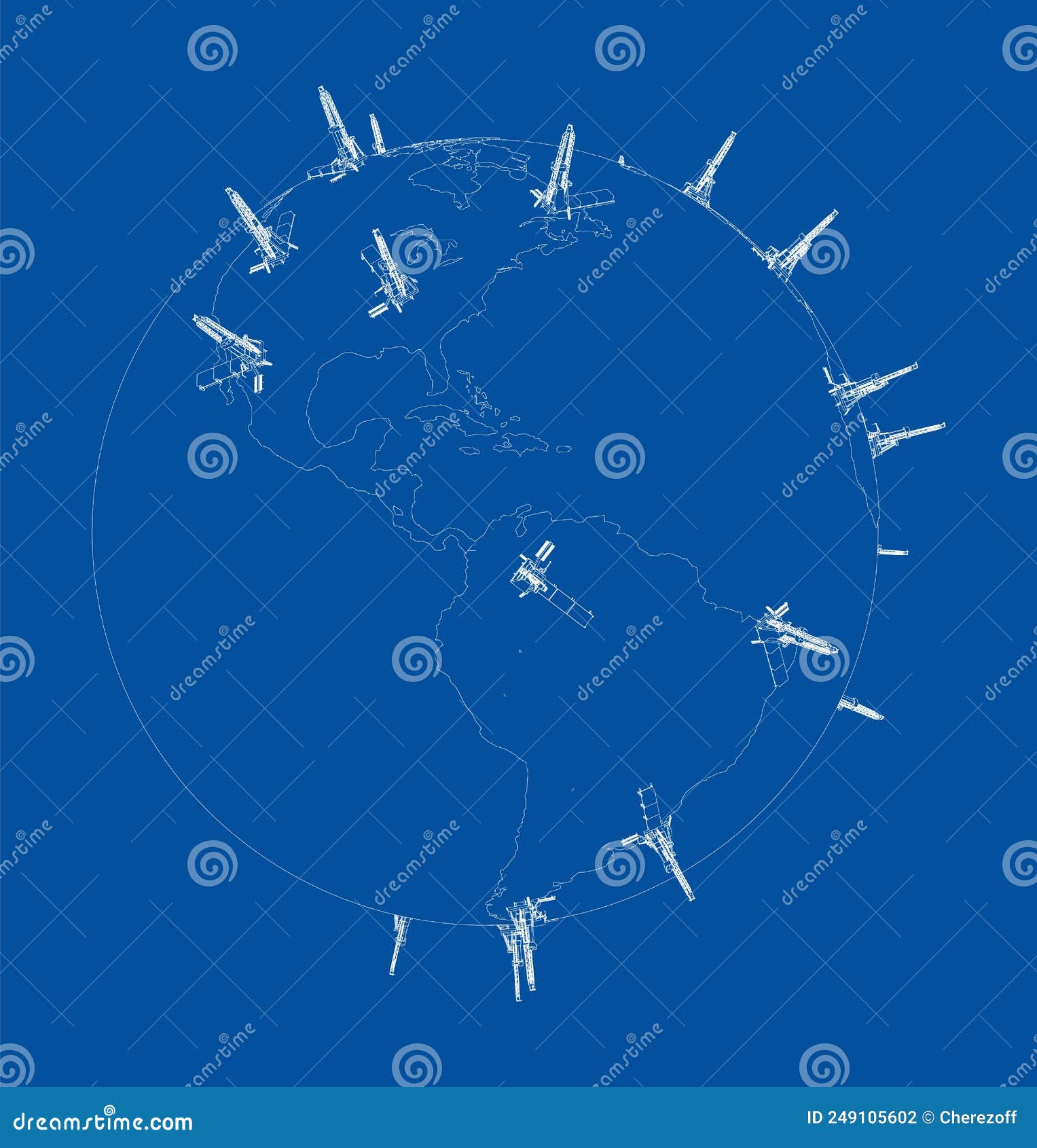 Oil rigs on Earth. Vector stock vector. Illustration of construction