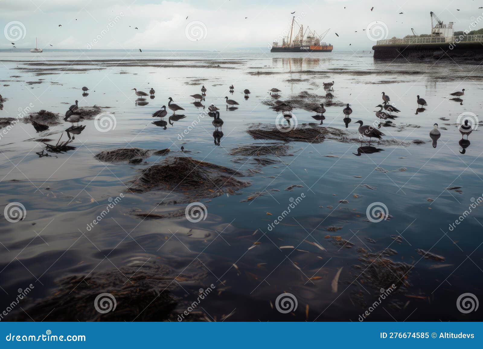 oil spill in the bay, with birds and fish swimming among the slicks