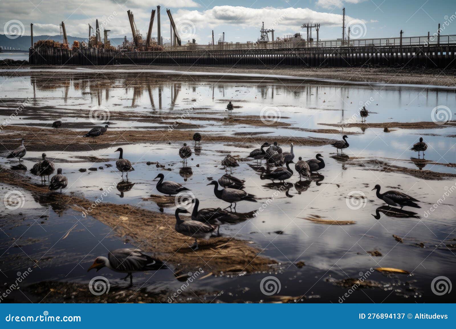 oil spill in the bay, with birds and fish swimming among the slicks