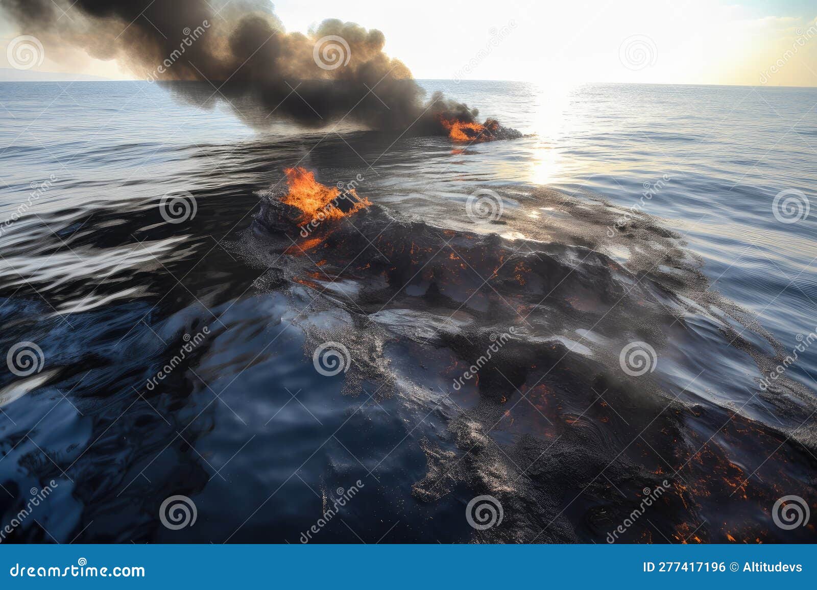 oil spill disaster on the open sea, with burning oil slicks and floating debris
