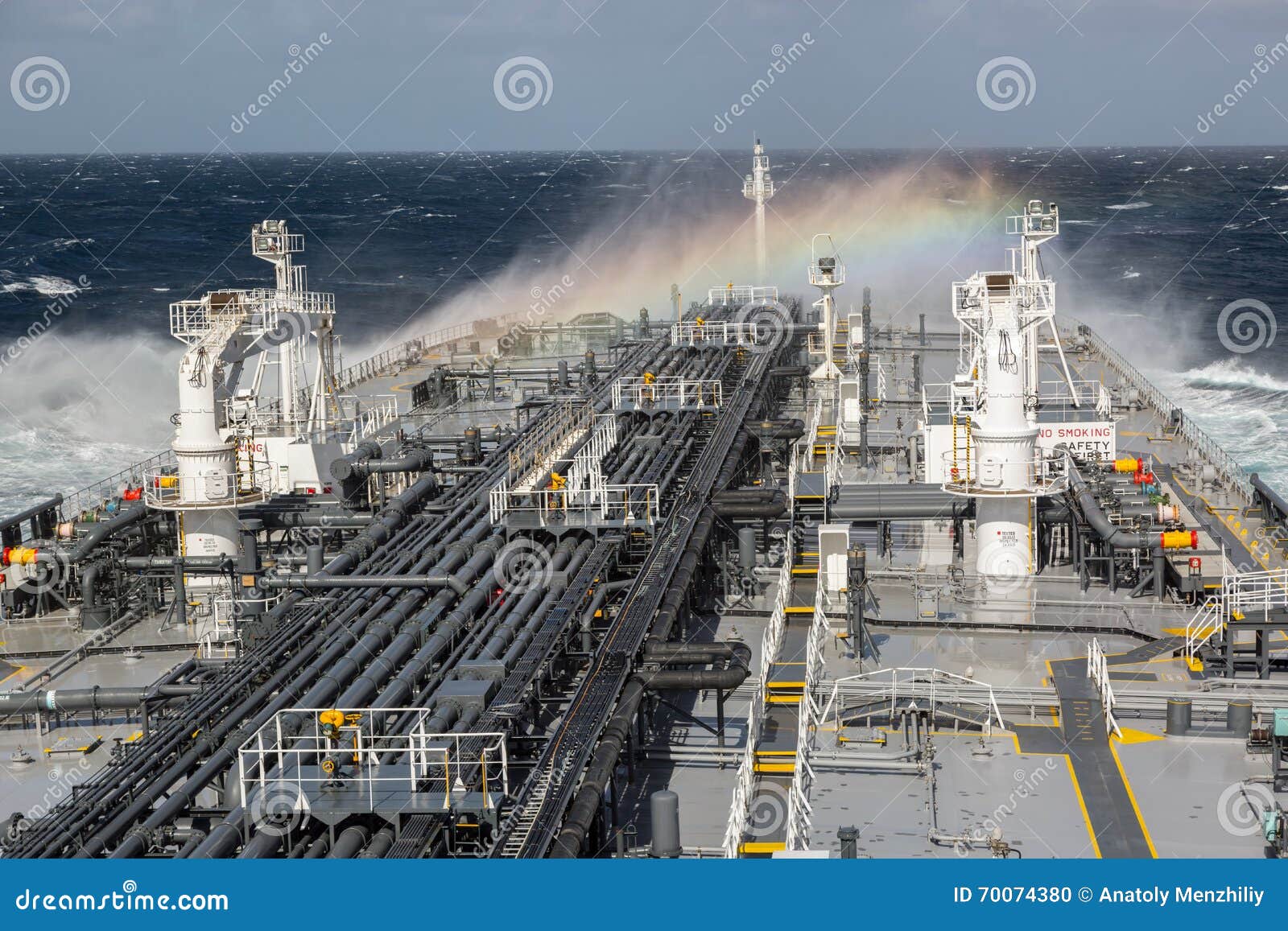 Oil Tanker Deck during Storm with Rainbow Stock Photo Image of ship