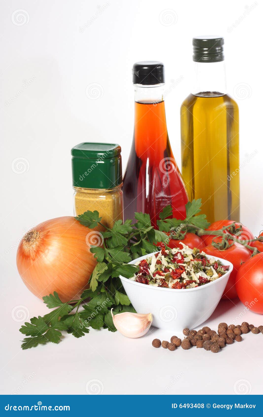 Oil, vegetables and spice stock photo. Image of herb, tomato 6493408