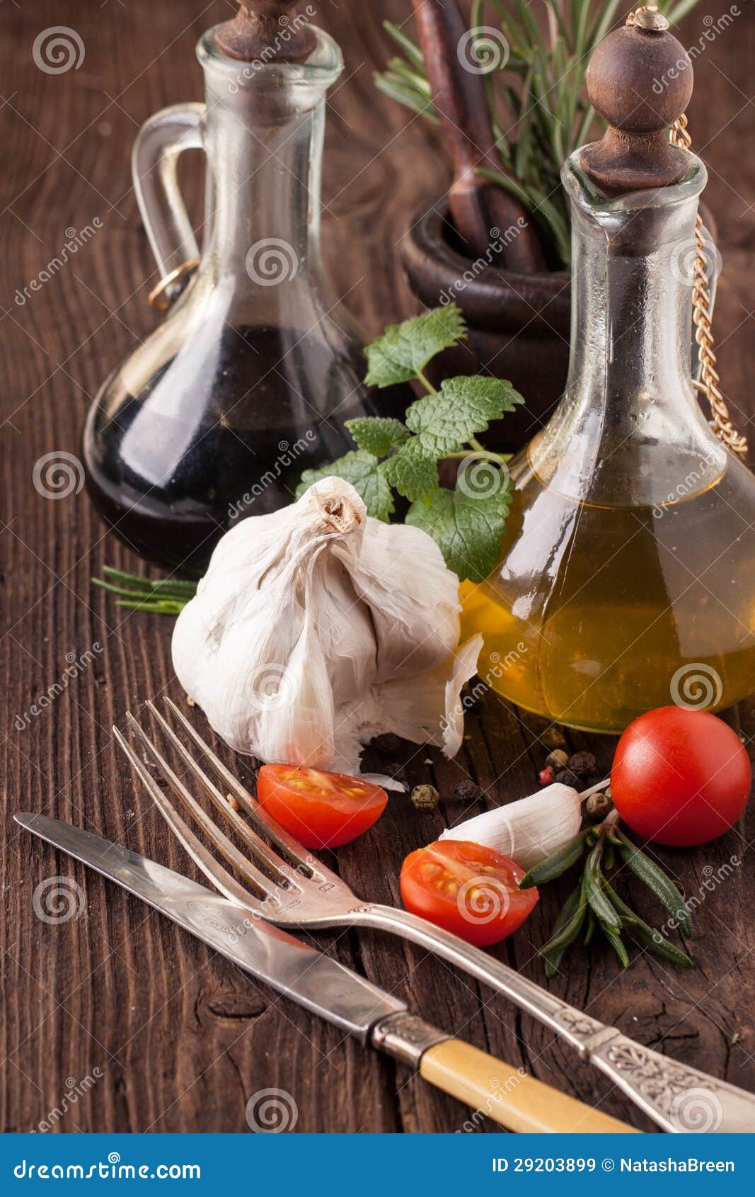 Oil and Vinegar, Gralic and Tomatoes with Herbs Stock Image Image of