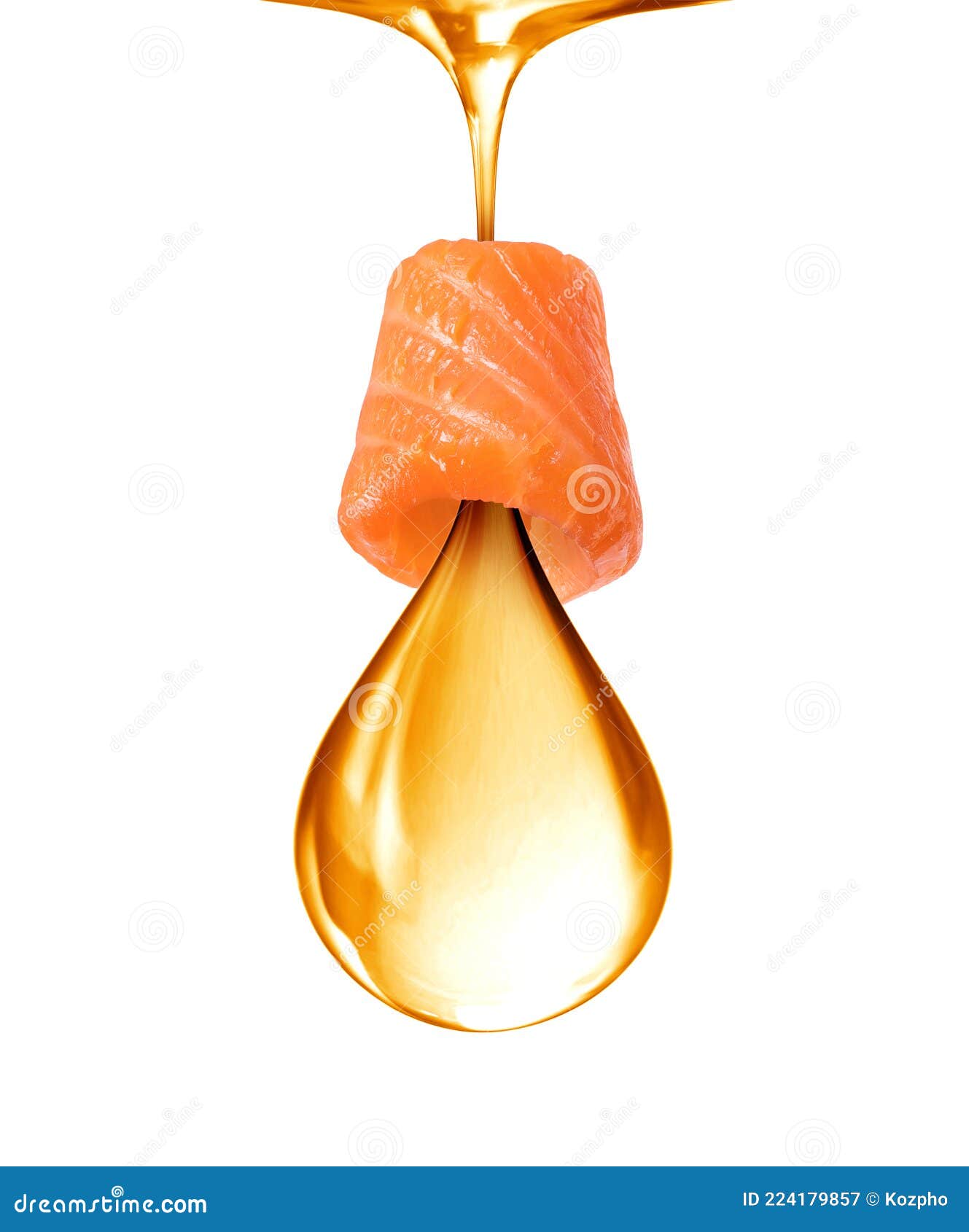 oily drop with fresh salmon slice, conceptual image on white background