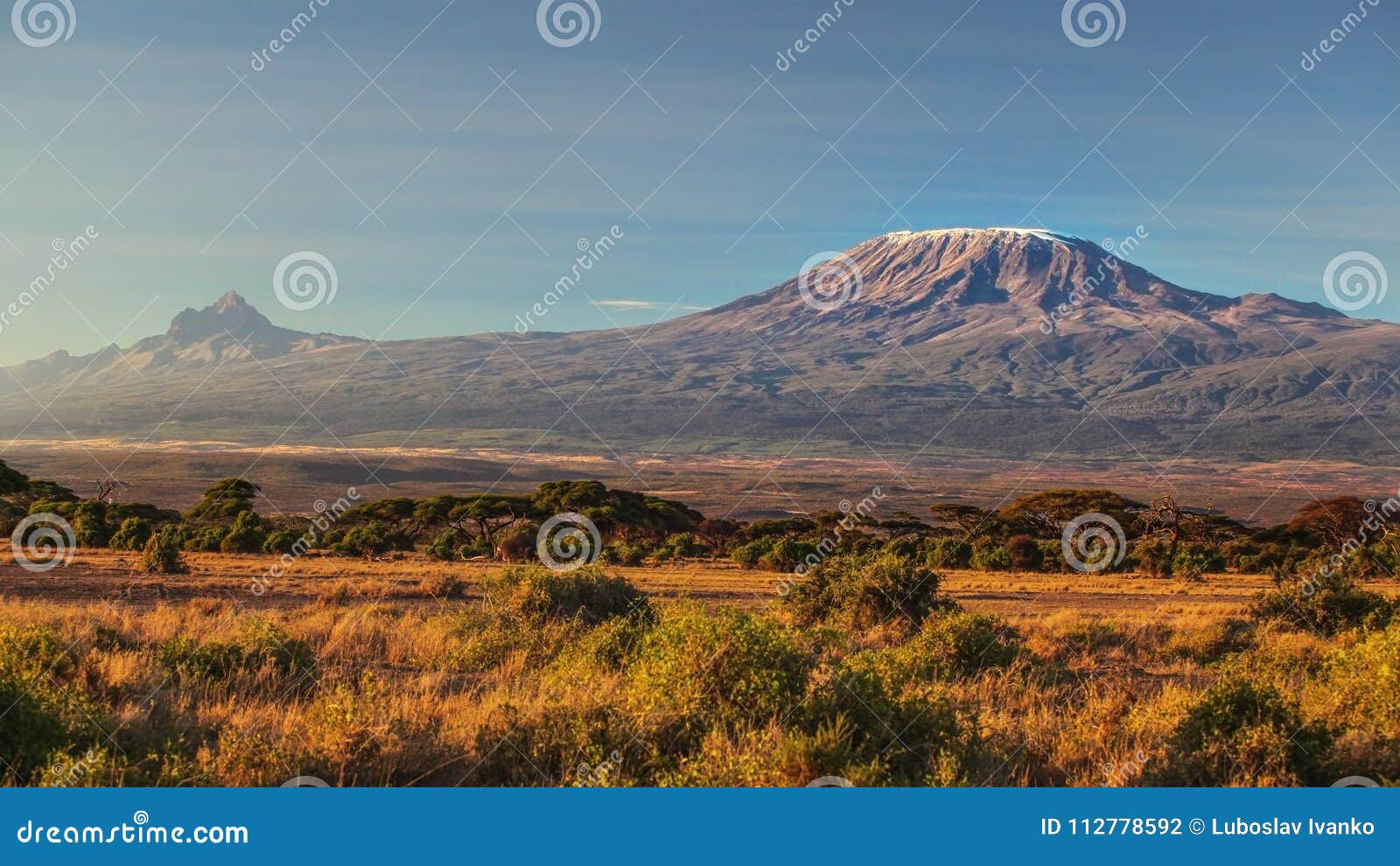 Ointressant torr afrikansk savann i sen afton med Mount Kilimanjaro, högst maximum I Afrika Amboseli nationalpark, Kenya