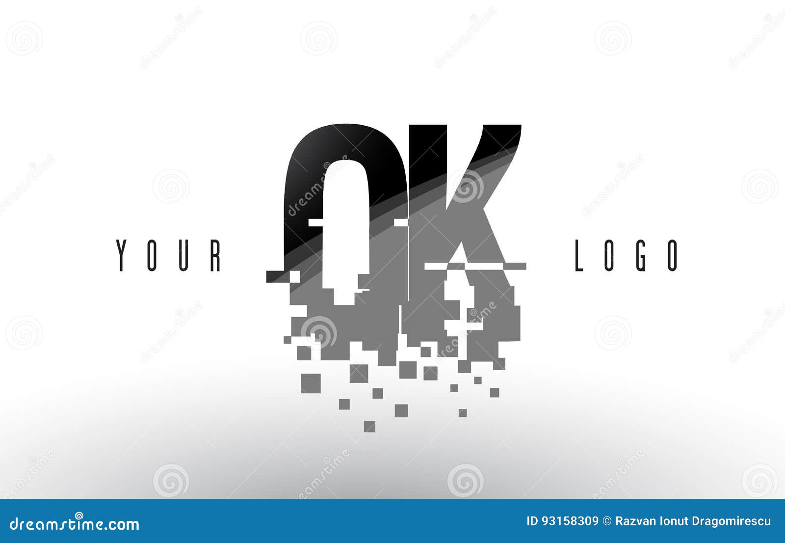ok o k pixel letter logo with digital shattered black squares