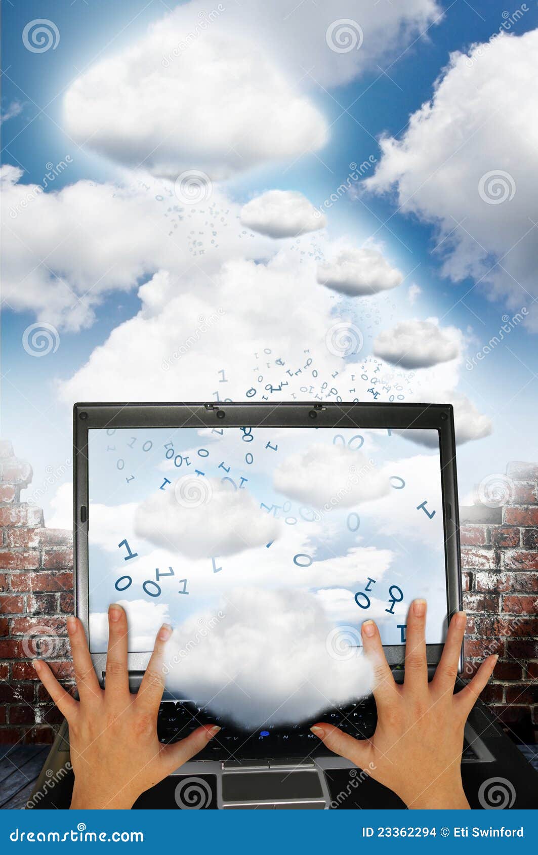 Oklarhetsteknologi. Den binära tegelstenoklarheten clouds bärbar dator för begreppsgrupphänder stora flyttande teknologi till lopp två övre väggnollor