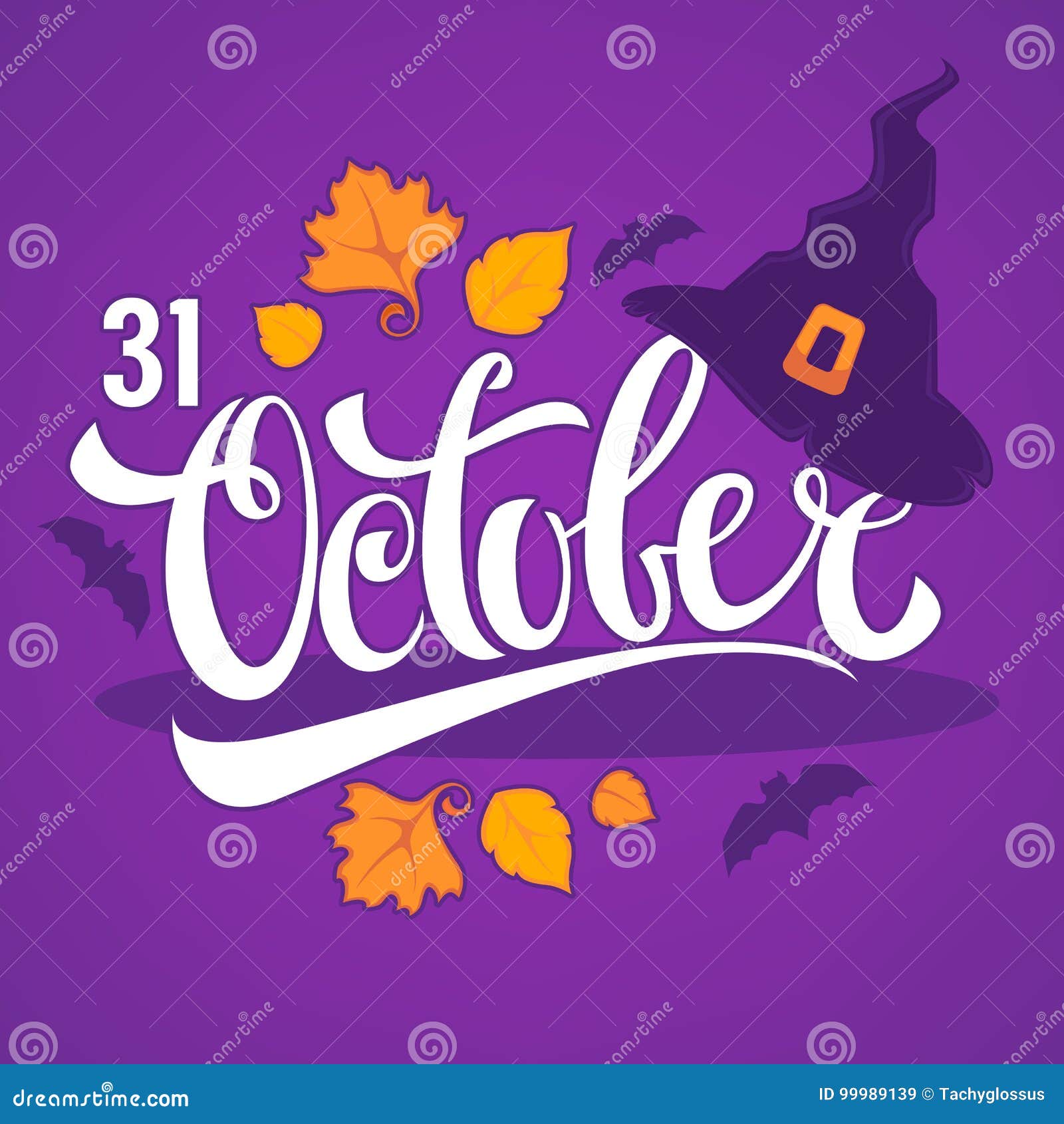 31 Oktober, Halloween-groetkaart met de herfstbladeren van de heksenhoed en het van letters voorzien samenstelling