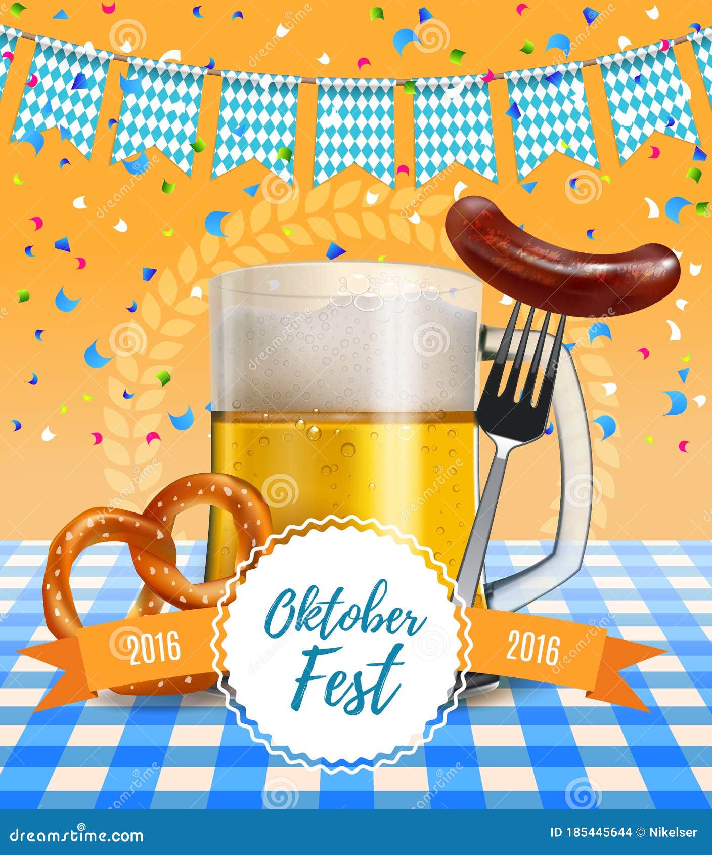 Oktoberfest Poster. German Beer Festival Poster with Realistic Beer Mug,  Pretzel and Bavarian Sausage on a Fork Stock Vector - Illustration of  invitation, bavarian: 185445644