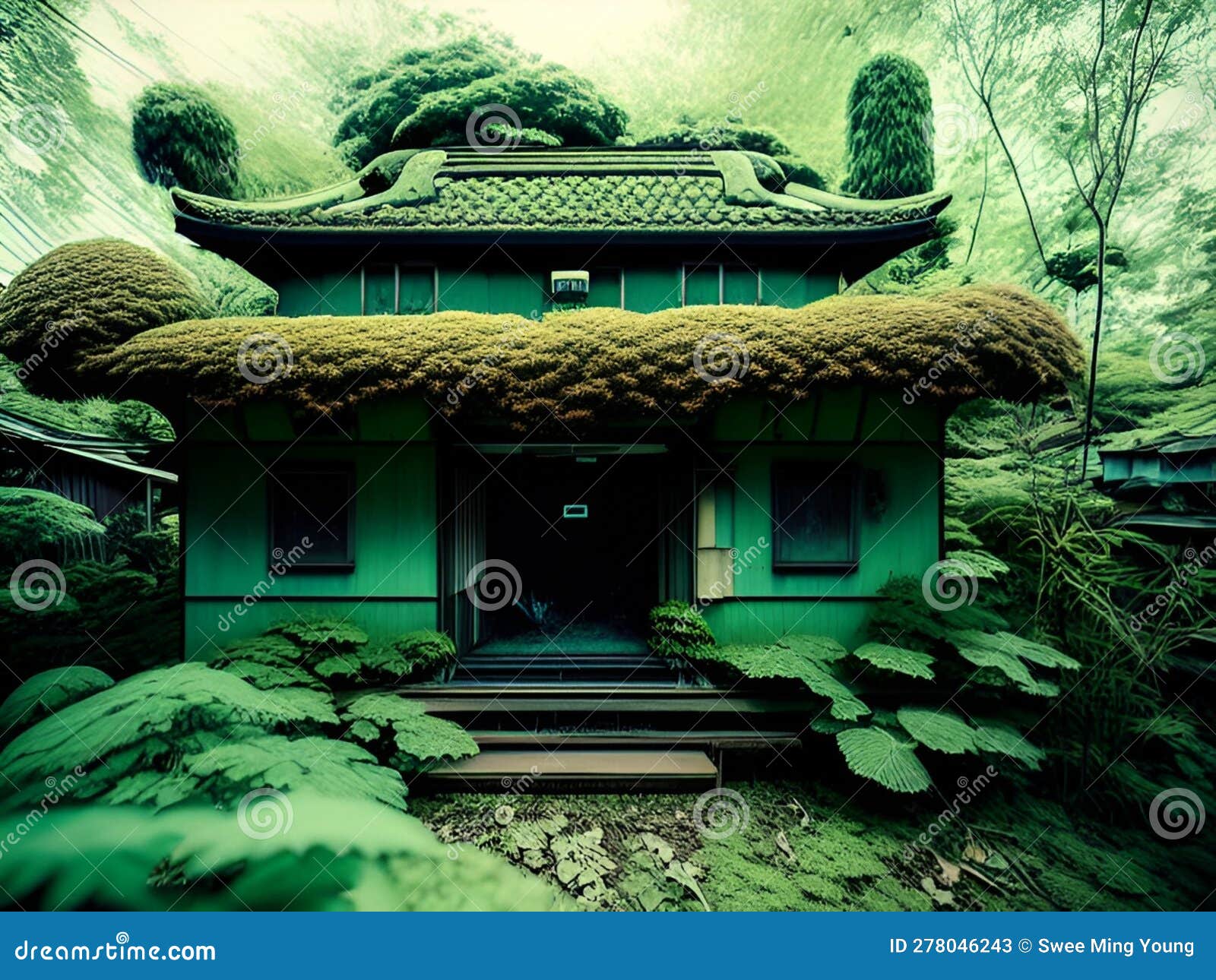 an old abandoned cottage overgrowth with vegetation and also corroded machinery in the jungle.