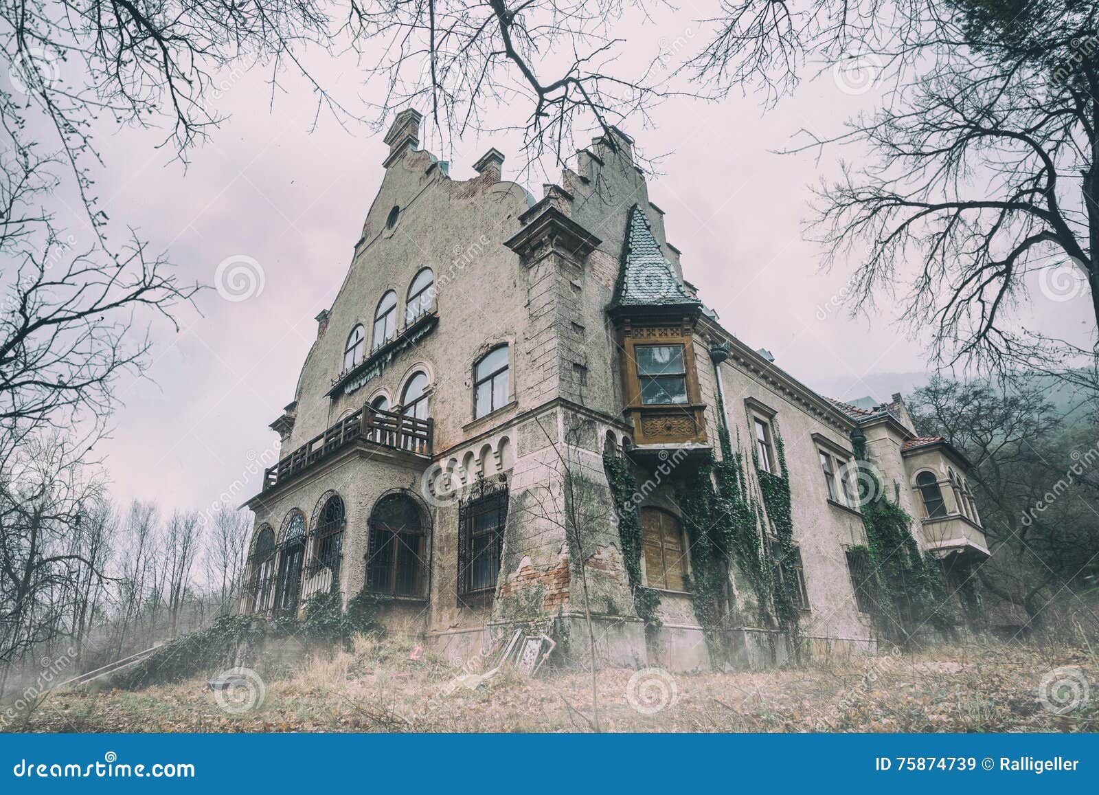 old abandoned mansion in mystic spooky forest