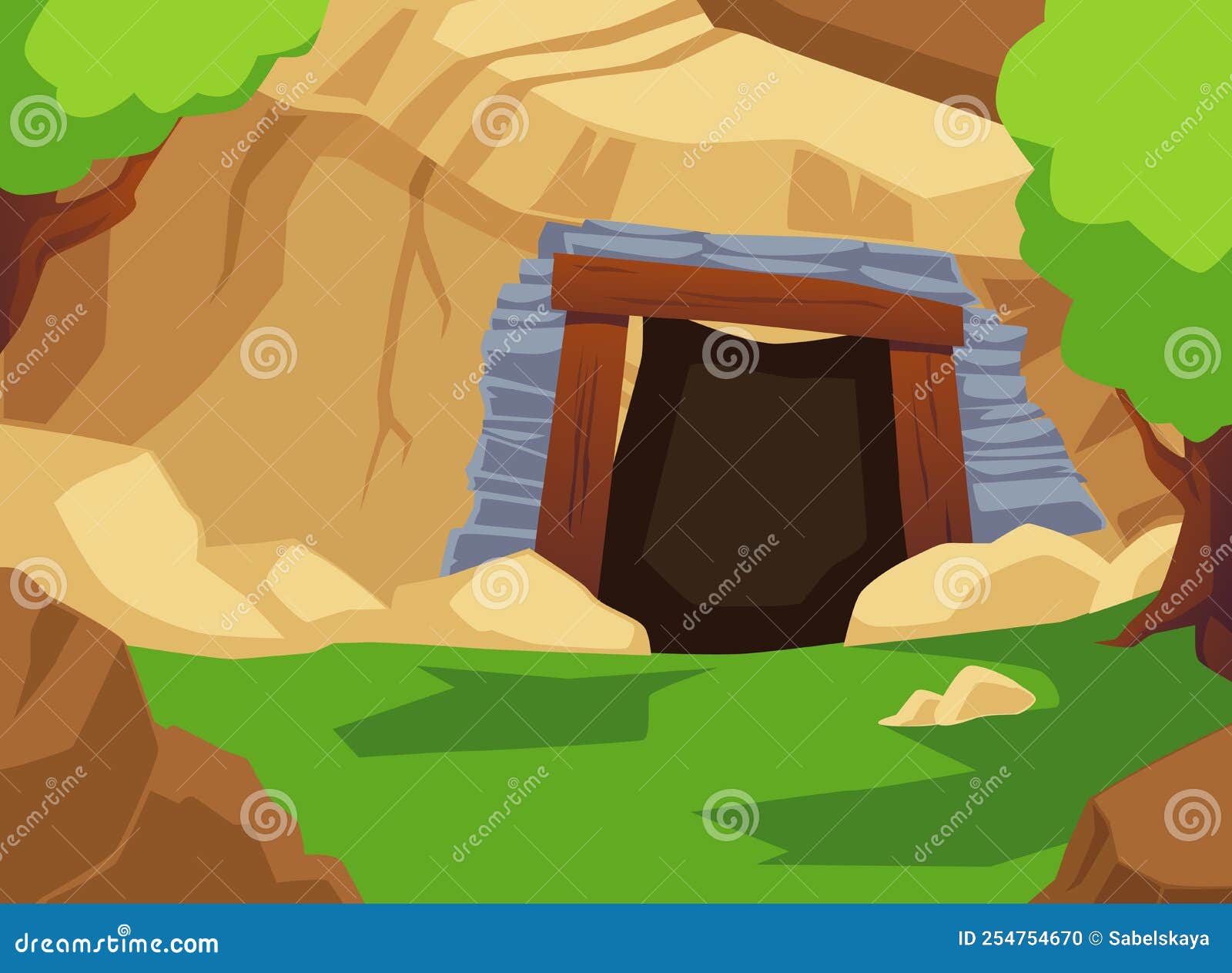 Old Abandoned Stone Cave or Mine Entrance, Cartoon Flat Vector ...