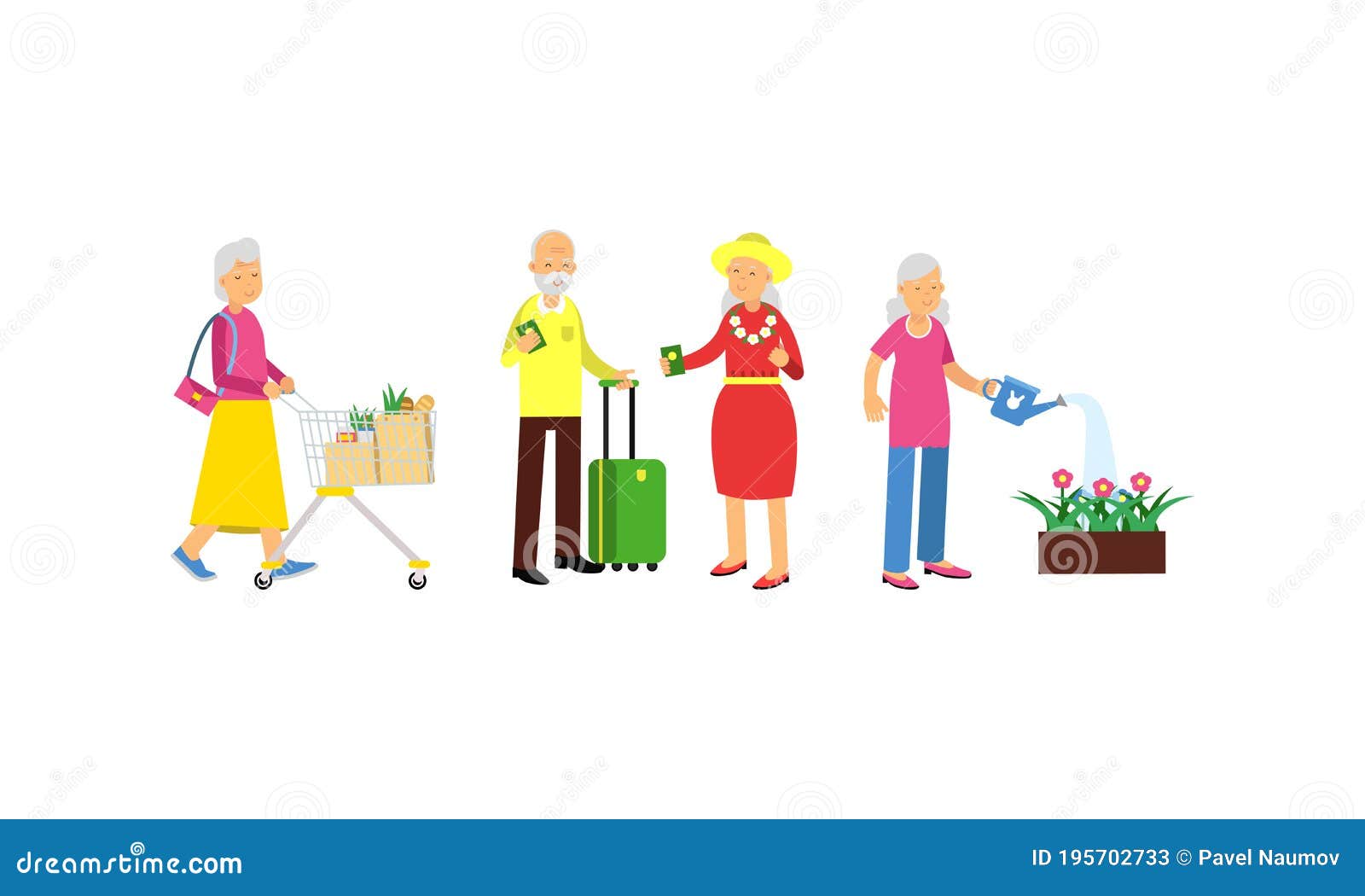 Old Age Pensioner People Characters Engaged In Daily Activity Vector Illustration Set