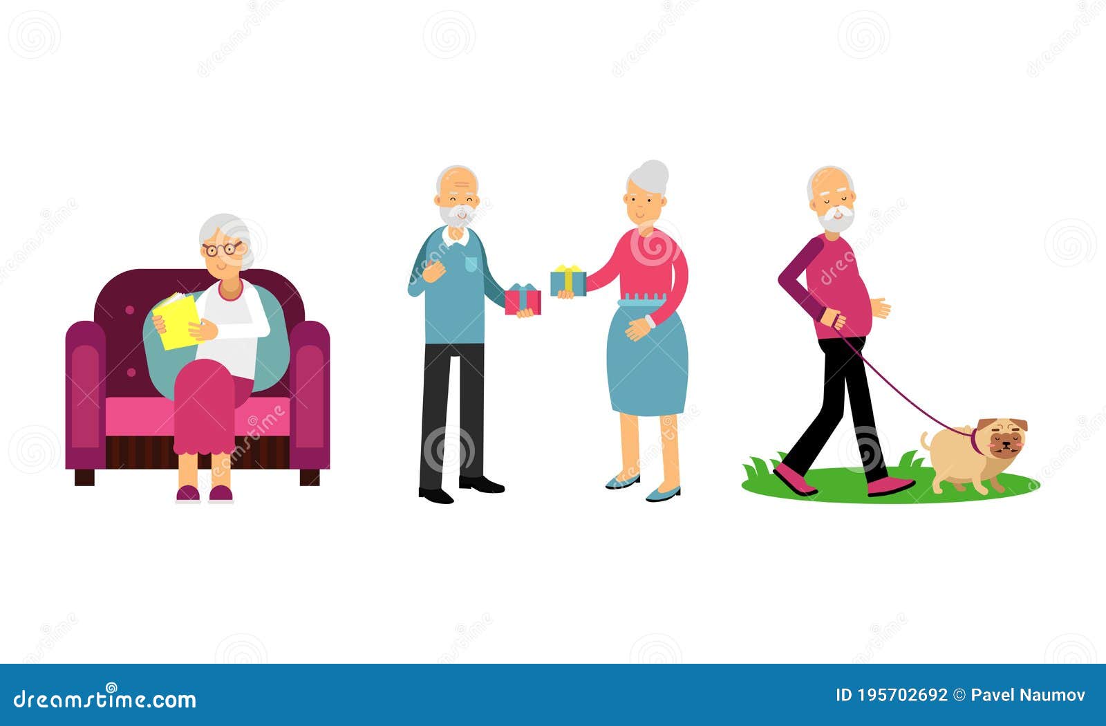 Old Age Pensioner People Characters Engaged In Daily Activity Vector Illustration Set