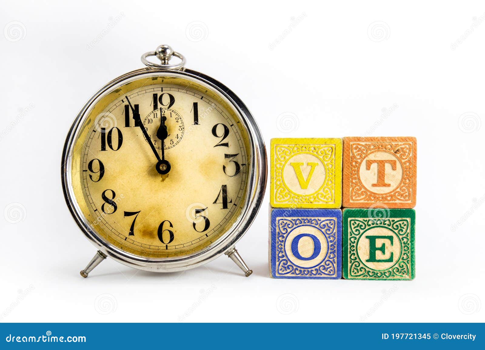 Old Alarm Clock with Wooden Blocks Spell Vote Stock Image Image of