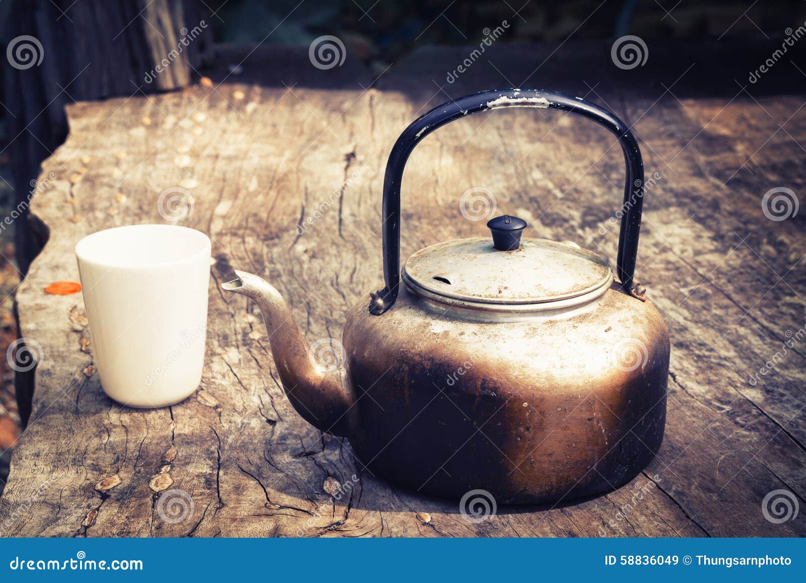 Old Aluminium Kettle on Wood Bench Stock Image Image of drink, brown