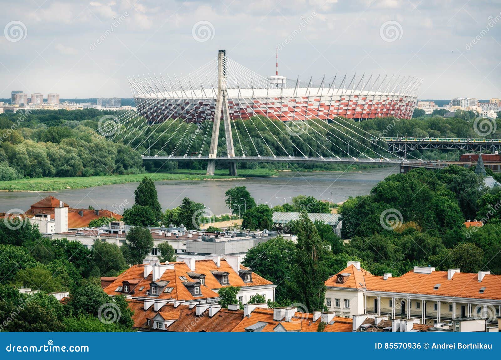 old architecture, bridge, vistula river, national stadium in warsaw