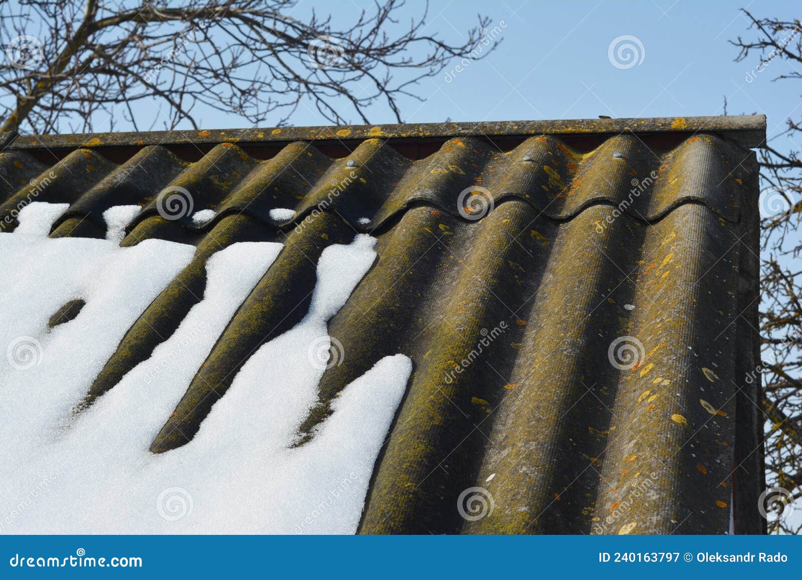 An Old Asbestos Roof when Snow is Melting in Spring. an Asbestos Roof