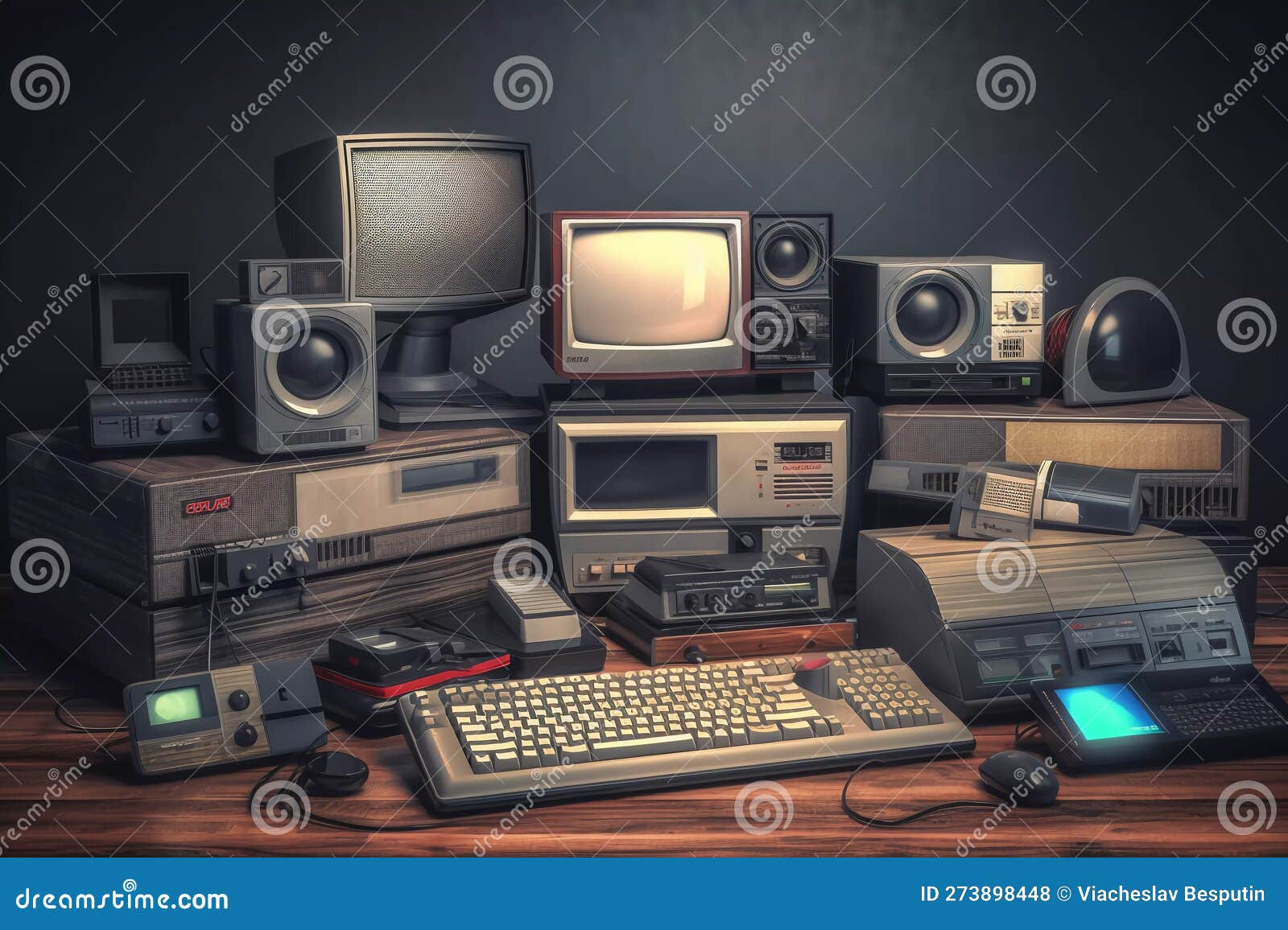 Old Audio Equipment of the 90s on the Table. Stock Illustration