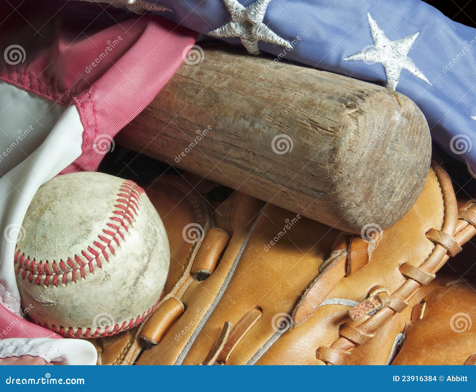 Old Baseball Bat, Mitt, Ball and Flag. Stock Photo Image of pastime