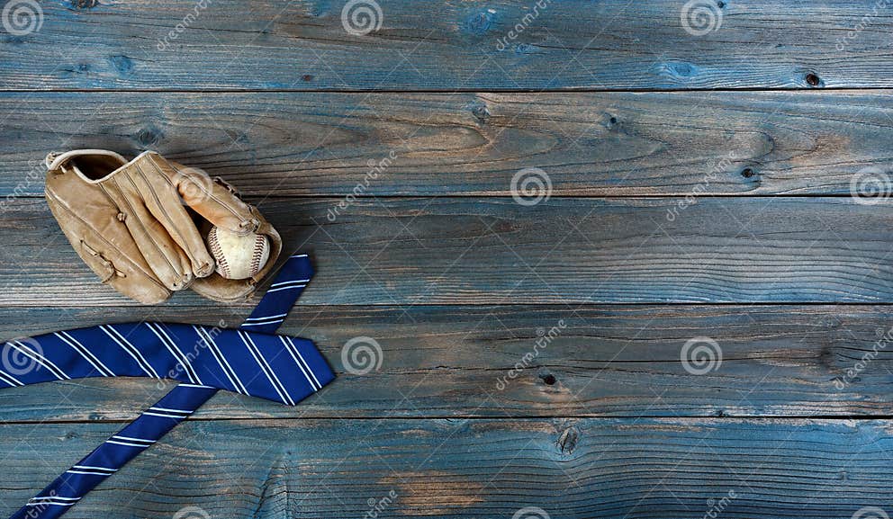 Old Baseball Glove, Ball and Neck Tie on Faded Blue Wood for Happy ...