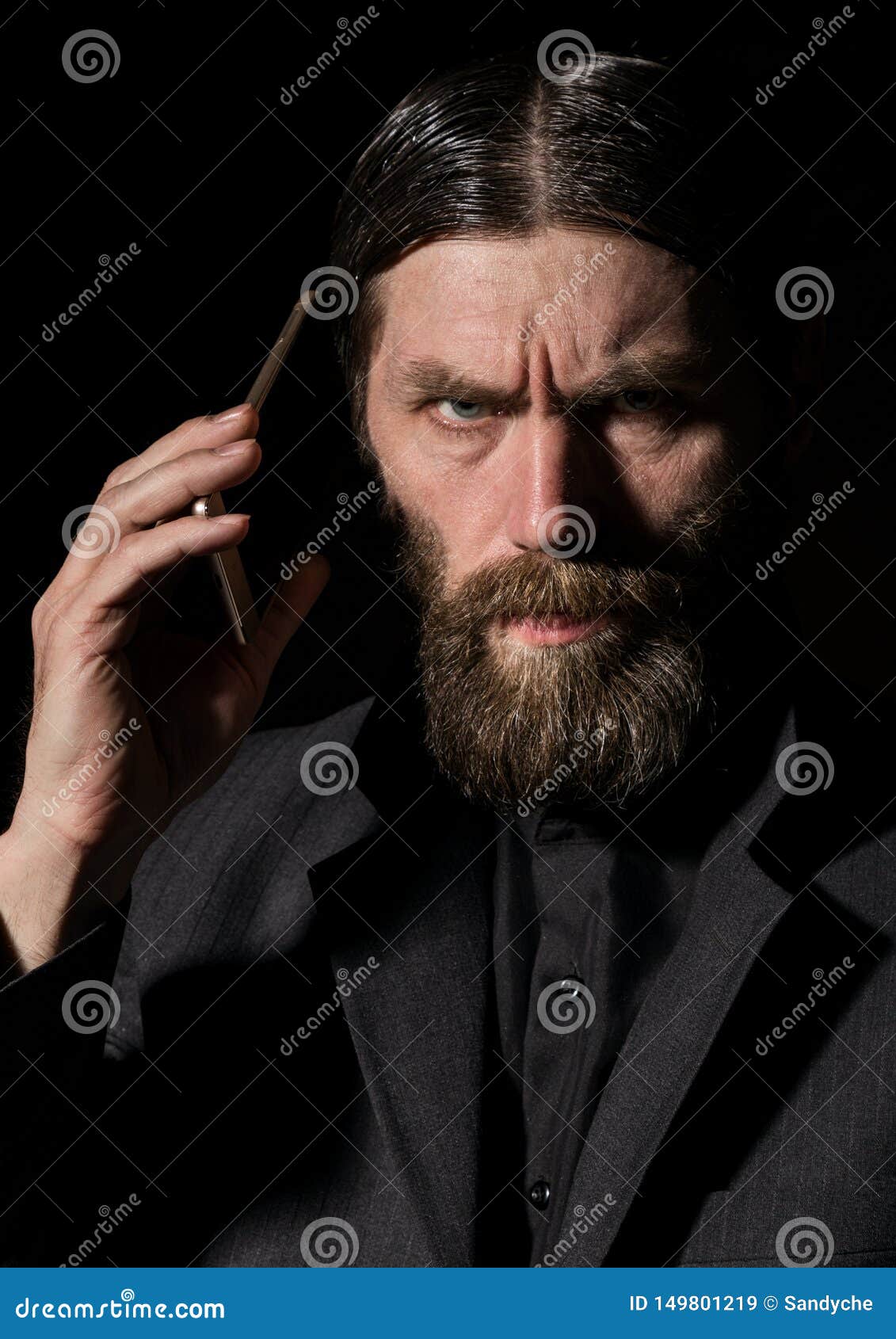 Old Believer Senior Priest with a Smartphone, Bearded Old Man is ...