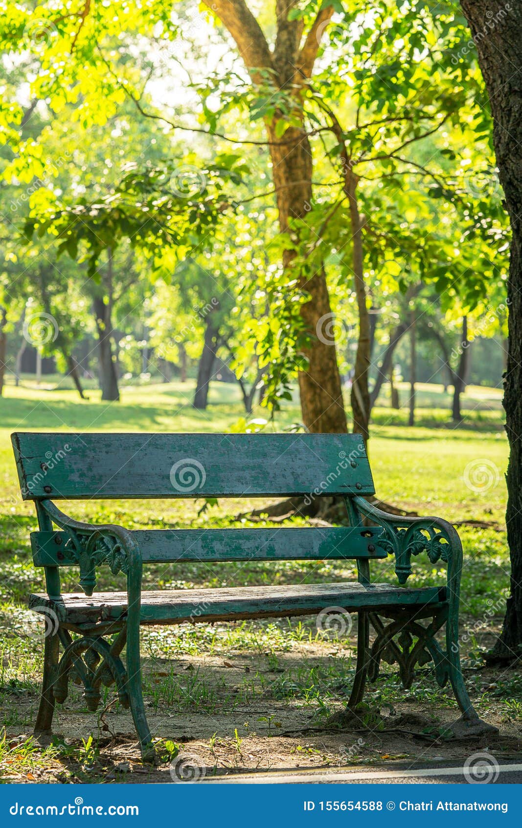 Old Bench In The Public Park And Blur Background Stock Photo