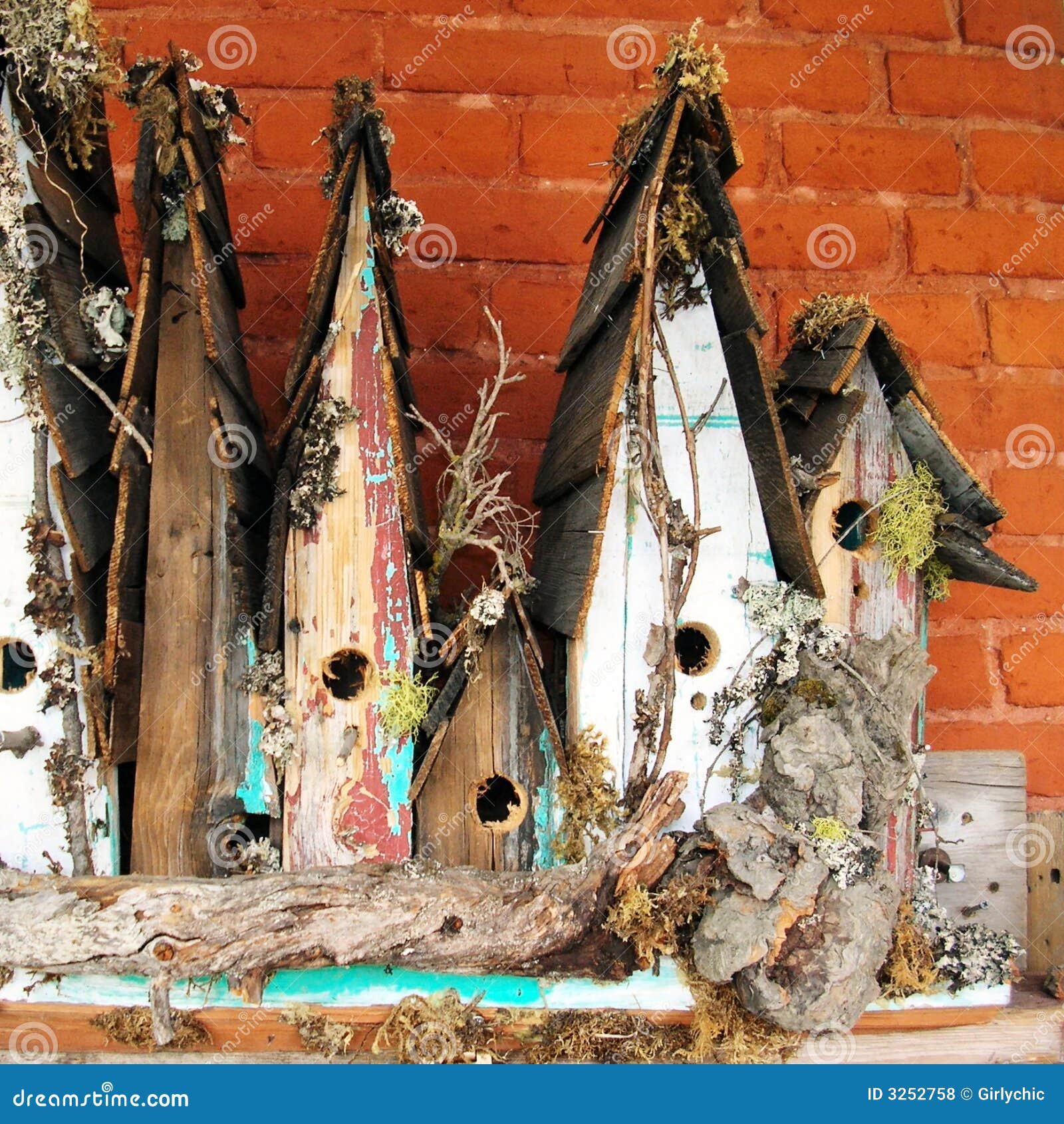 Old birdhouses in a row stock photo. Image of shelter 