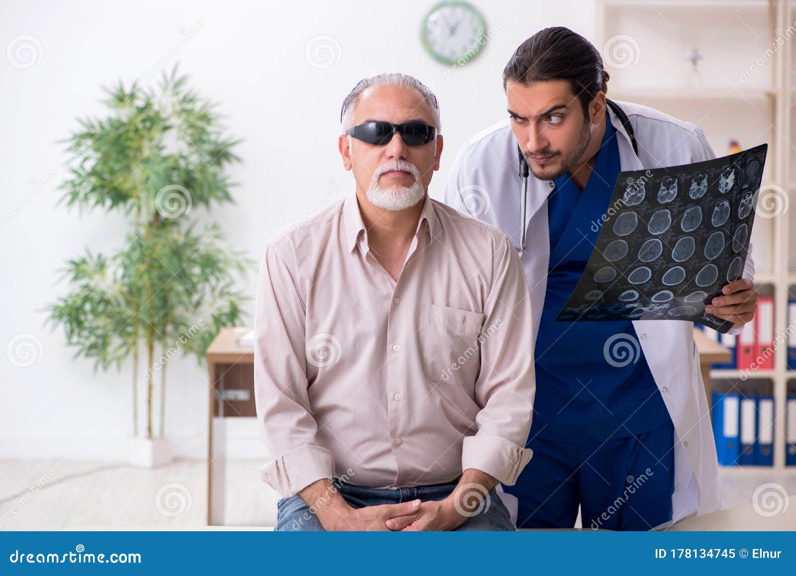 Old Blind Man Visiting Young Male Doctor Stock Image Image of