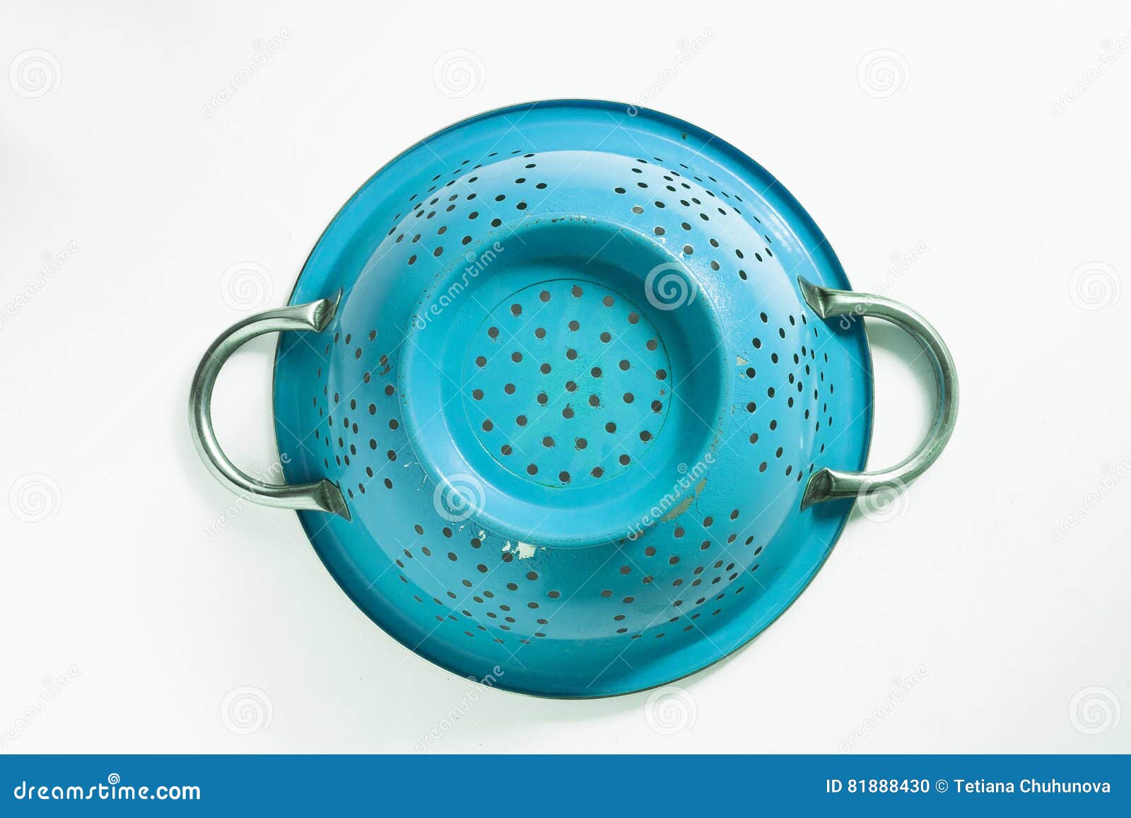 Old Blue Metal Colander Sieve Isolated on White Background Stock Photo