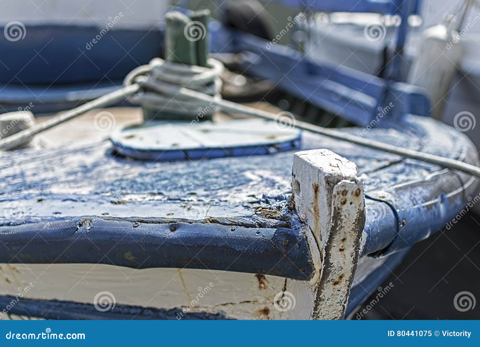 Ropes on Old Rusty Ship Closeup. Old Frayed Boat Rope as a