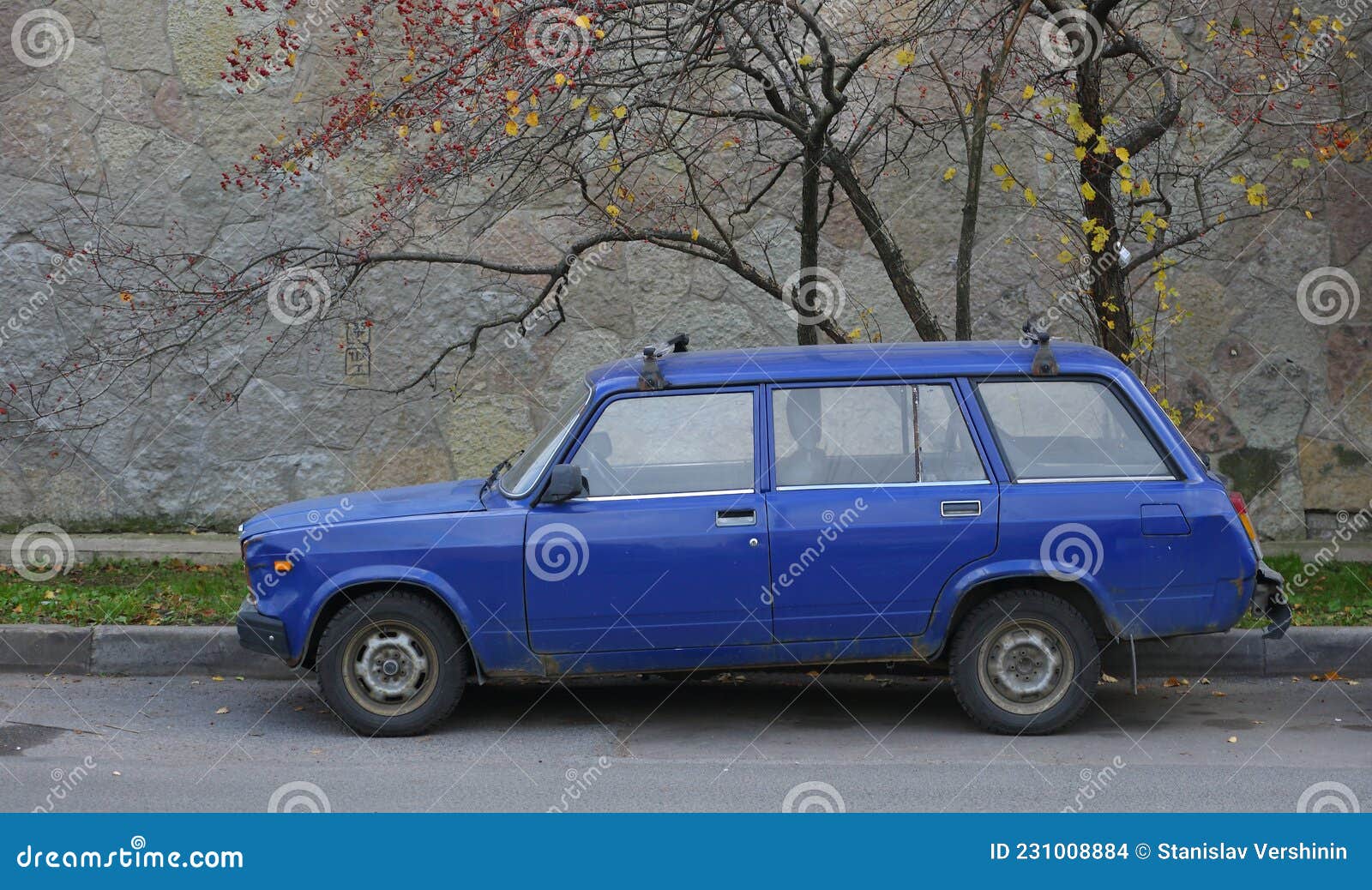 old blue soviet passenger car pickup truck