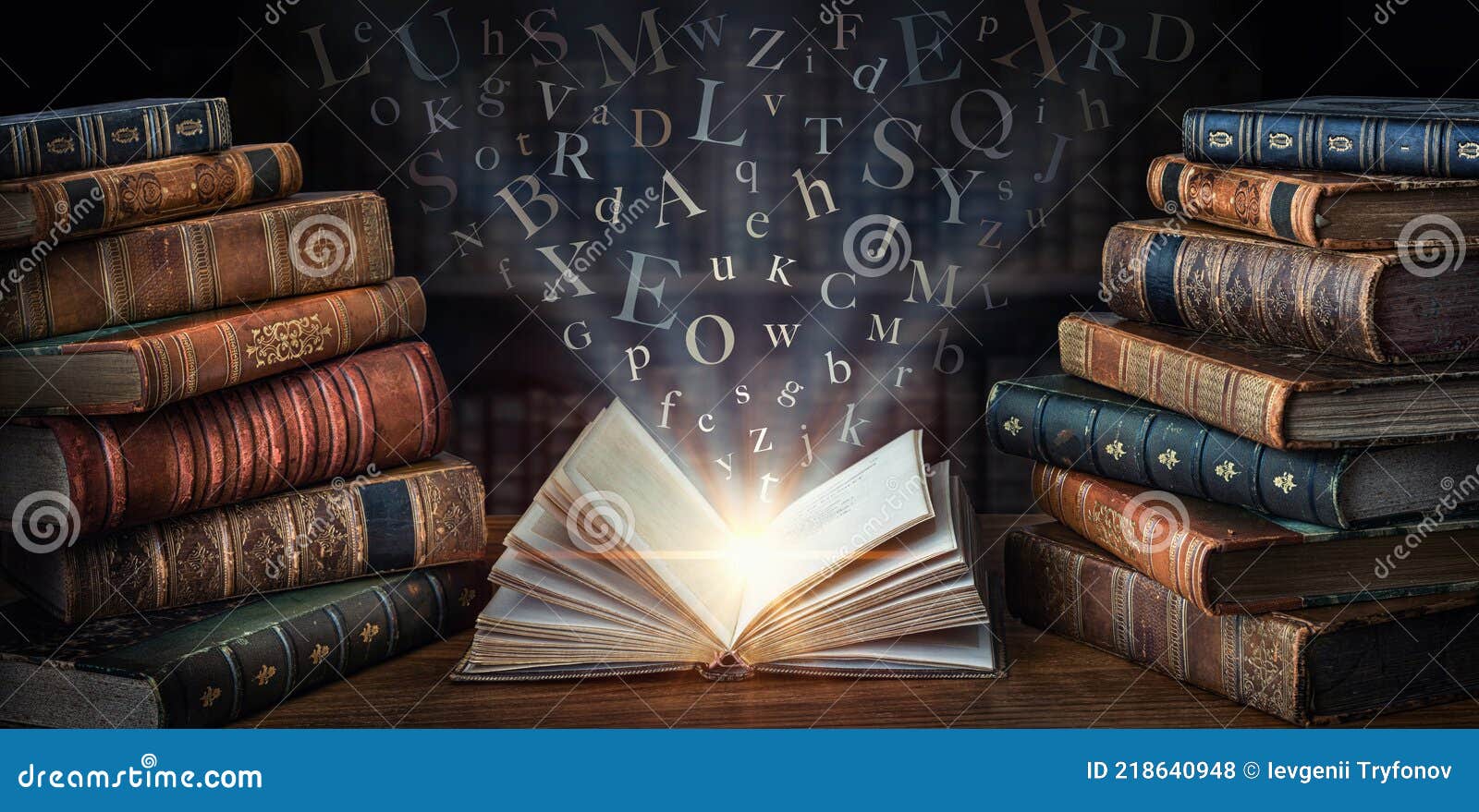 old book with flying letters and magic light on the background of the bookshelf in the library. ancient books as a  of