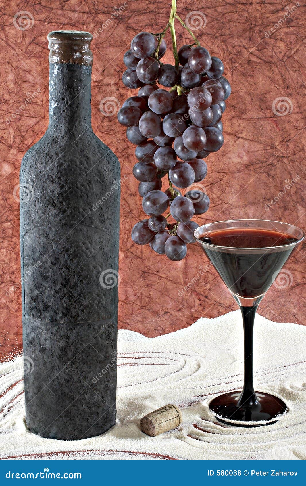 Old Bottle of Wine with a Full Beaker of Wine, Bunch of Grapes and Cork