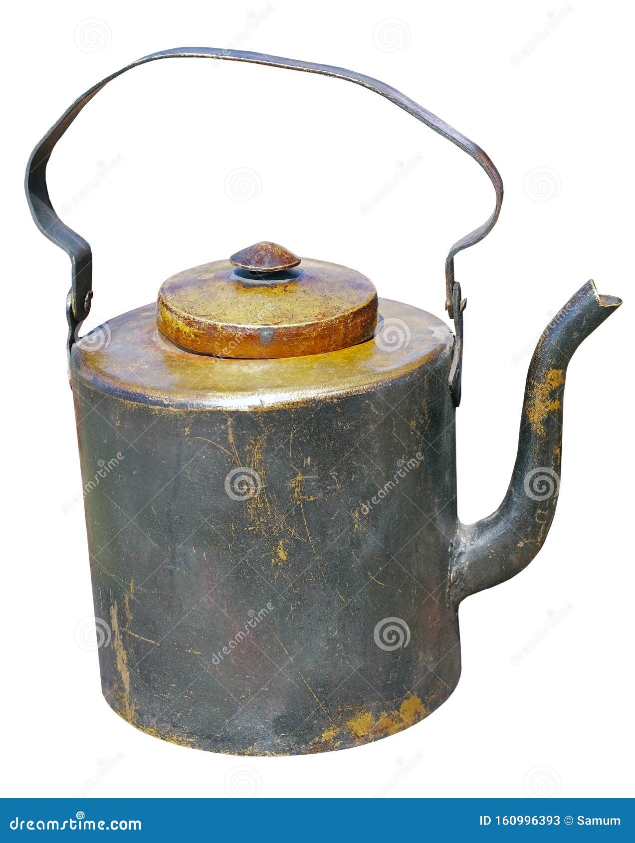 Old brass kettle on white stock image. Image of boil 160996393