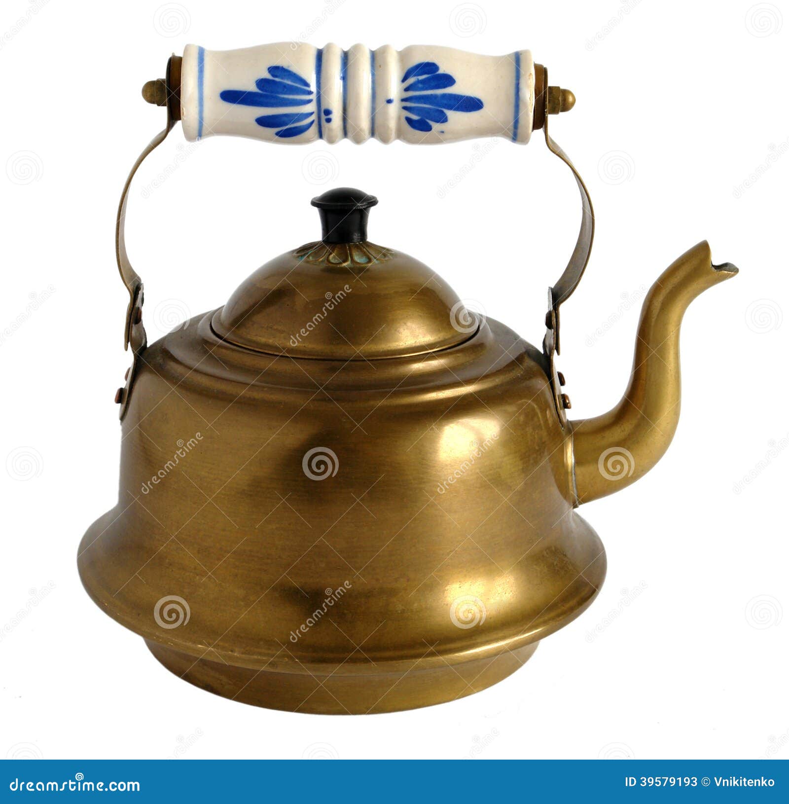 Old Brass Teapot with Porcelain Handle Stock Image - Image of