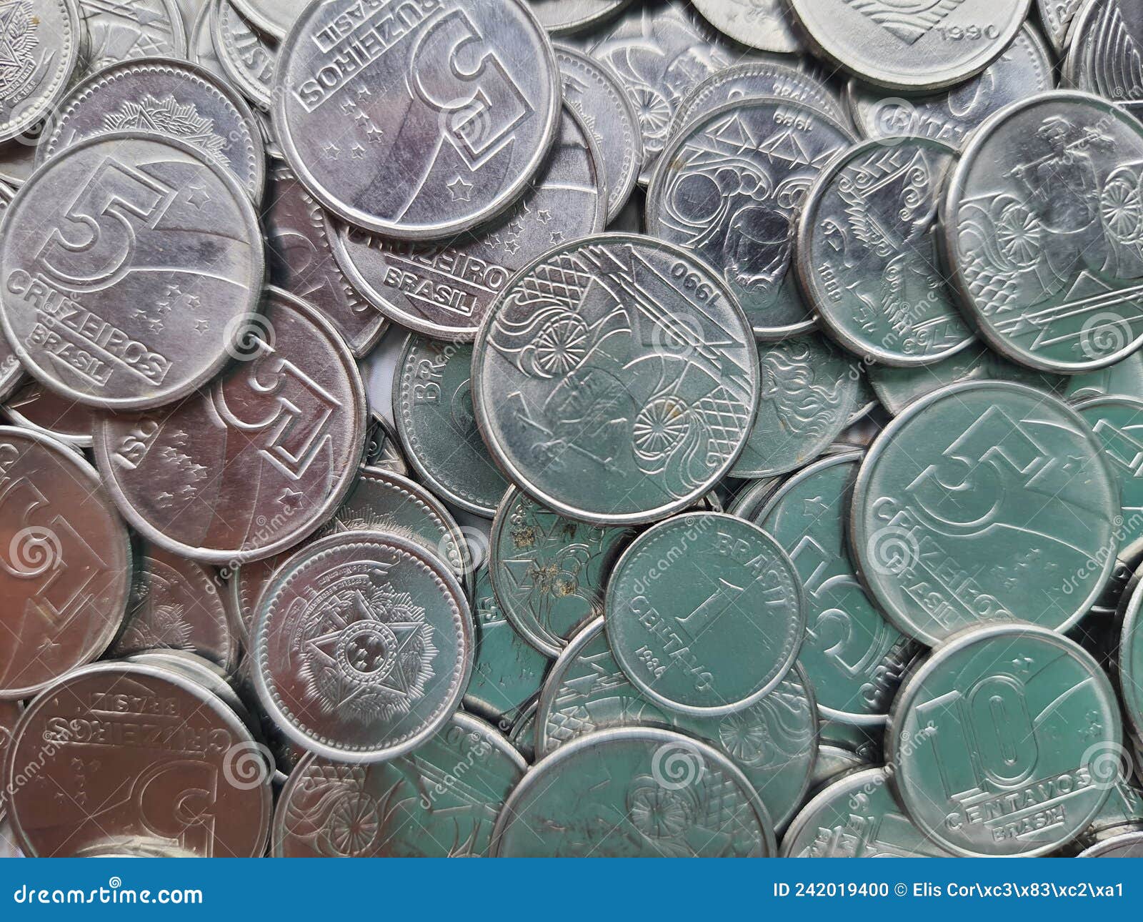 old brazilian coins background, selective focus.