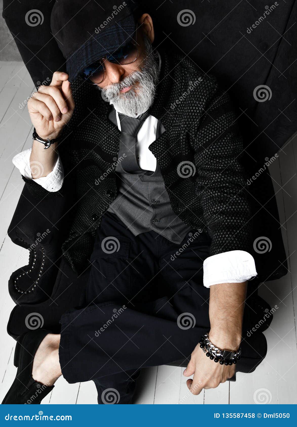 old brutal senior millionaire man in white shirt and aviator sunglasses stylish fashionable men