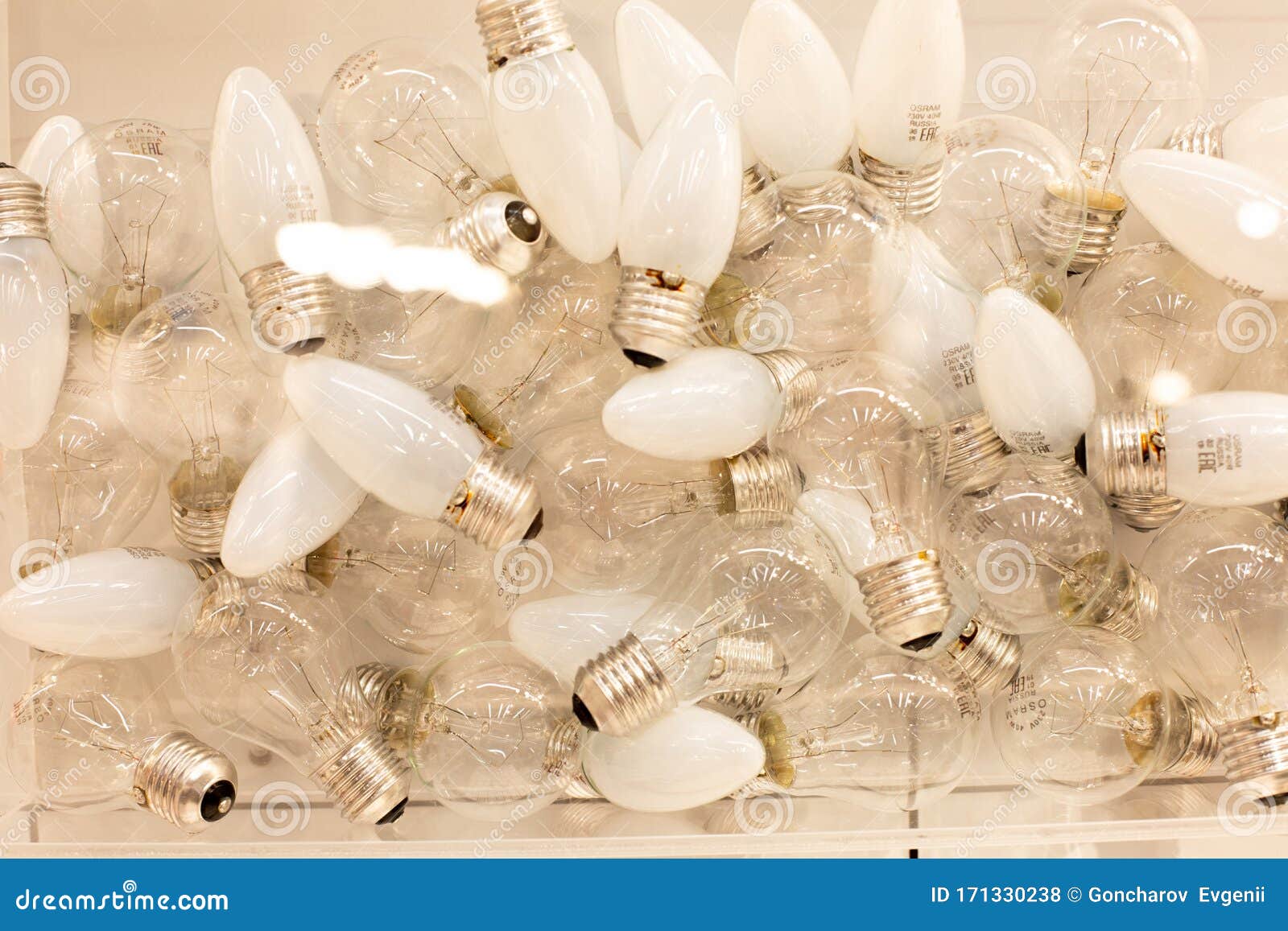 Old Burnedout Light Bulbs Top View . Light Bulbs for Recycling Stock