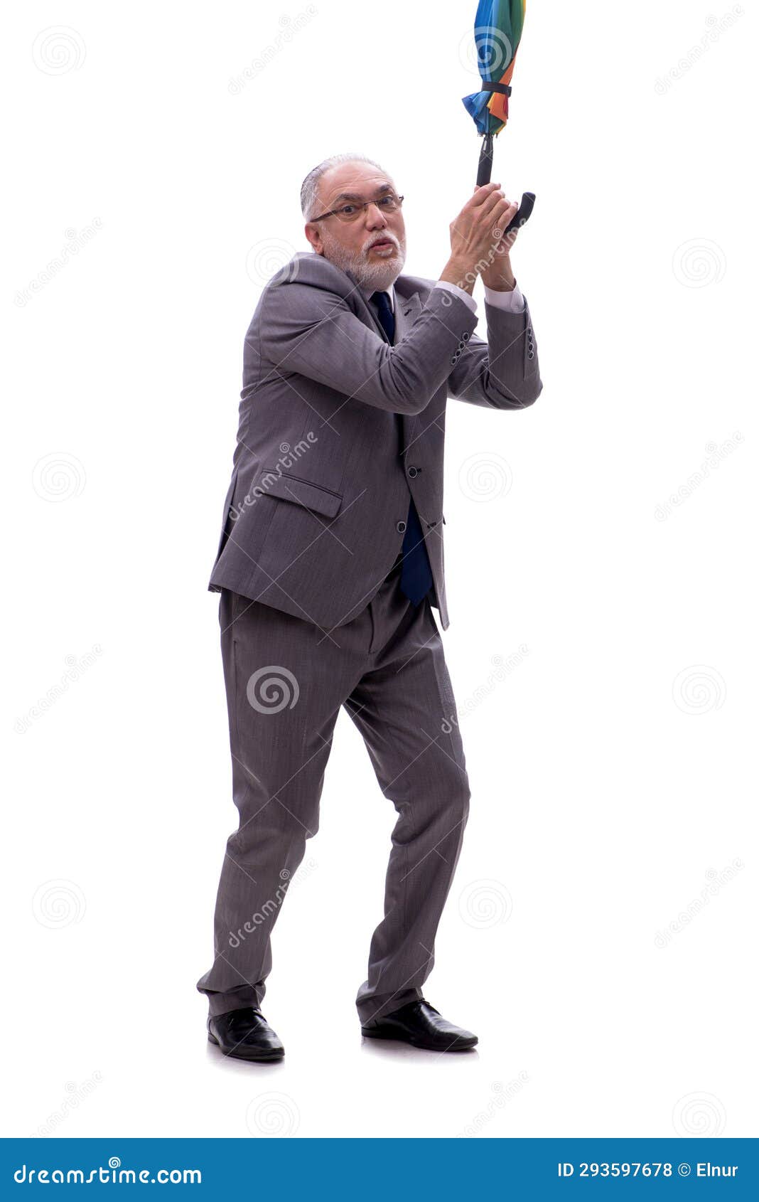 old businessman holding an umrella  on white