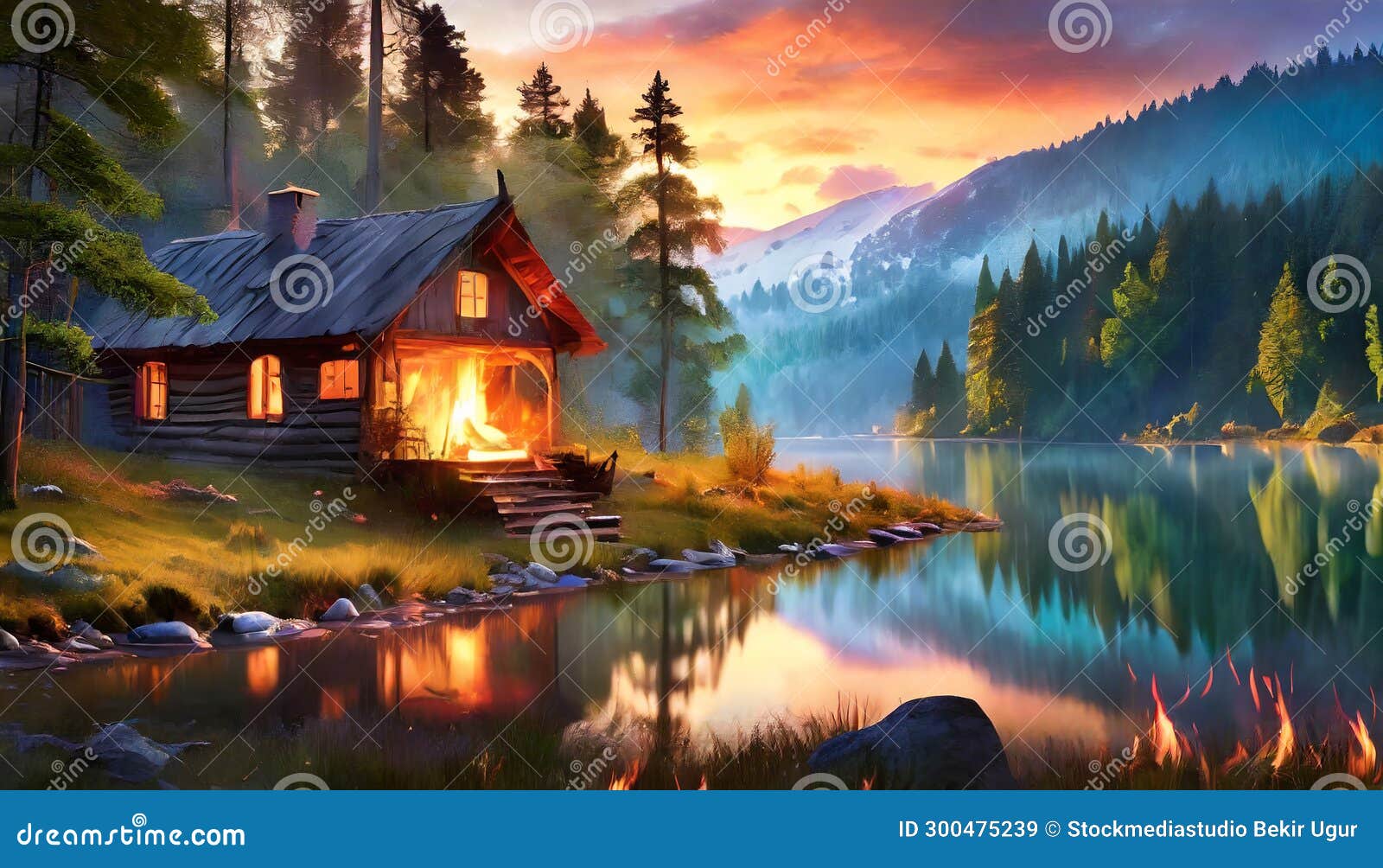 an old cabin nestled in a forest, surrounded by a mesmerizing fire and a serene lake in the distance