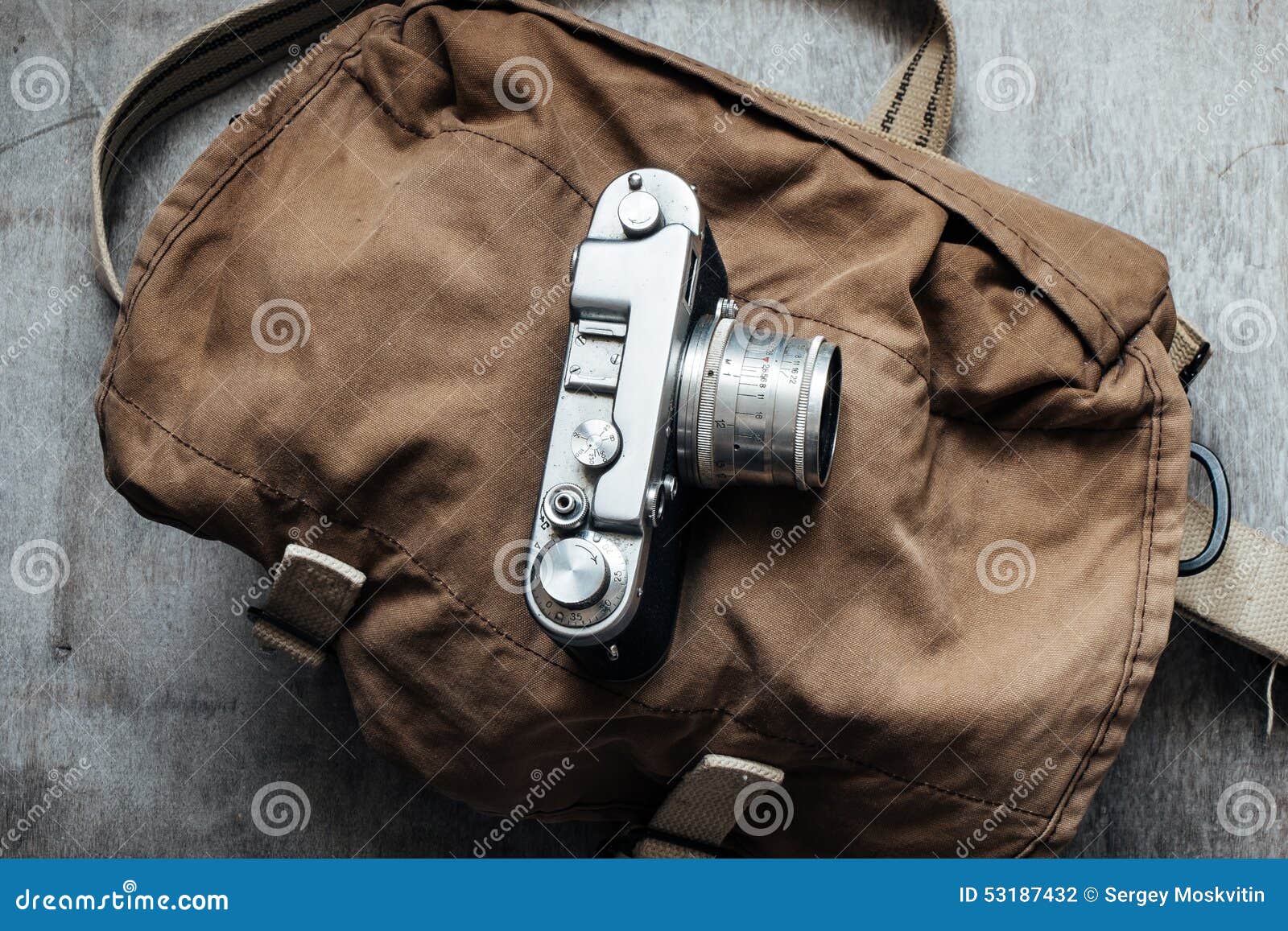 Old Camera in Bag, Vintage Photo Grunge Design Component Stock Photo