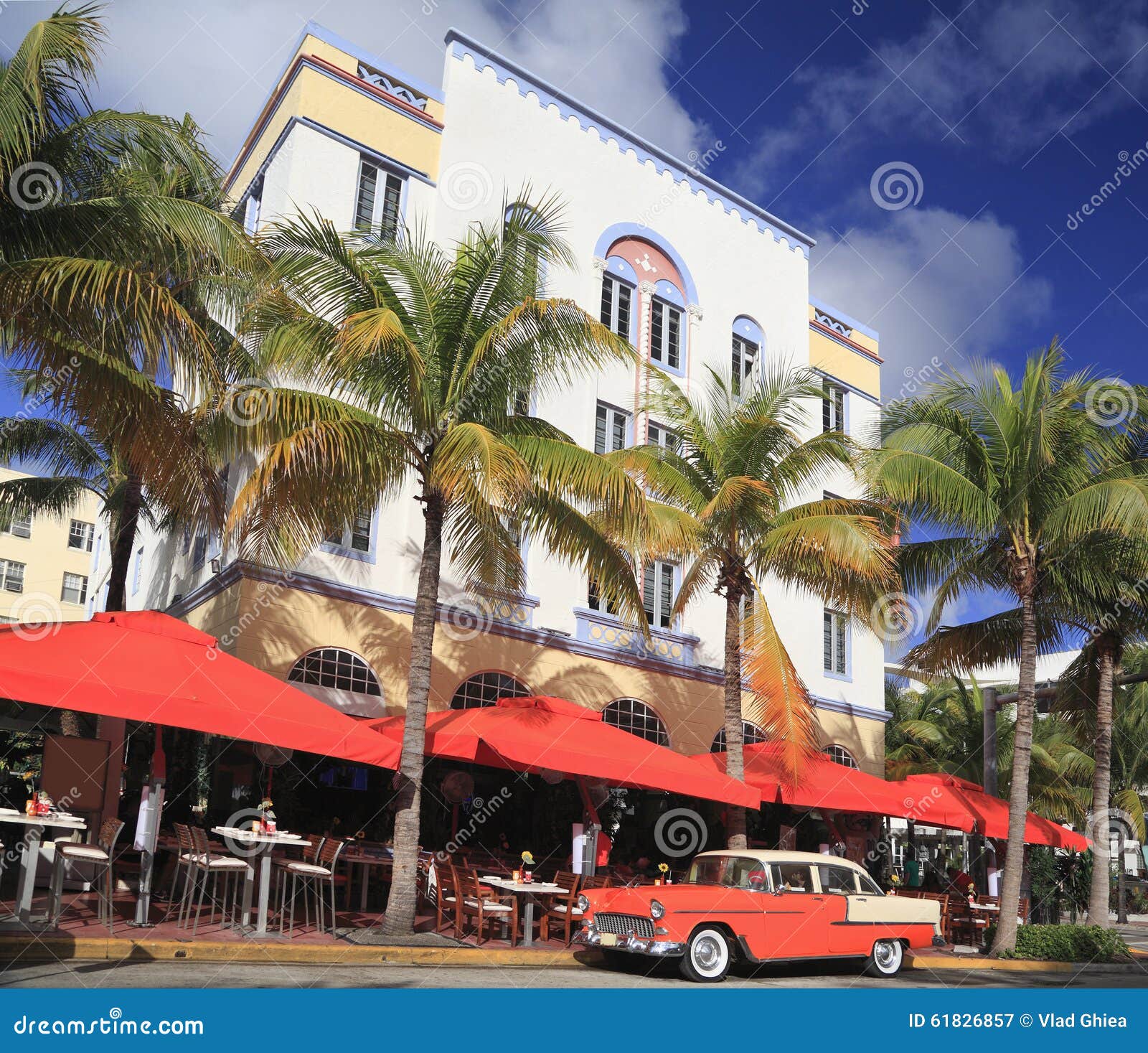 old car and restaurants on ocean drive, miami beach