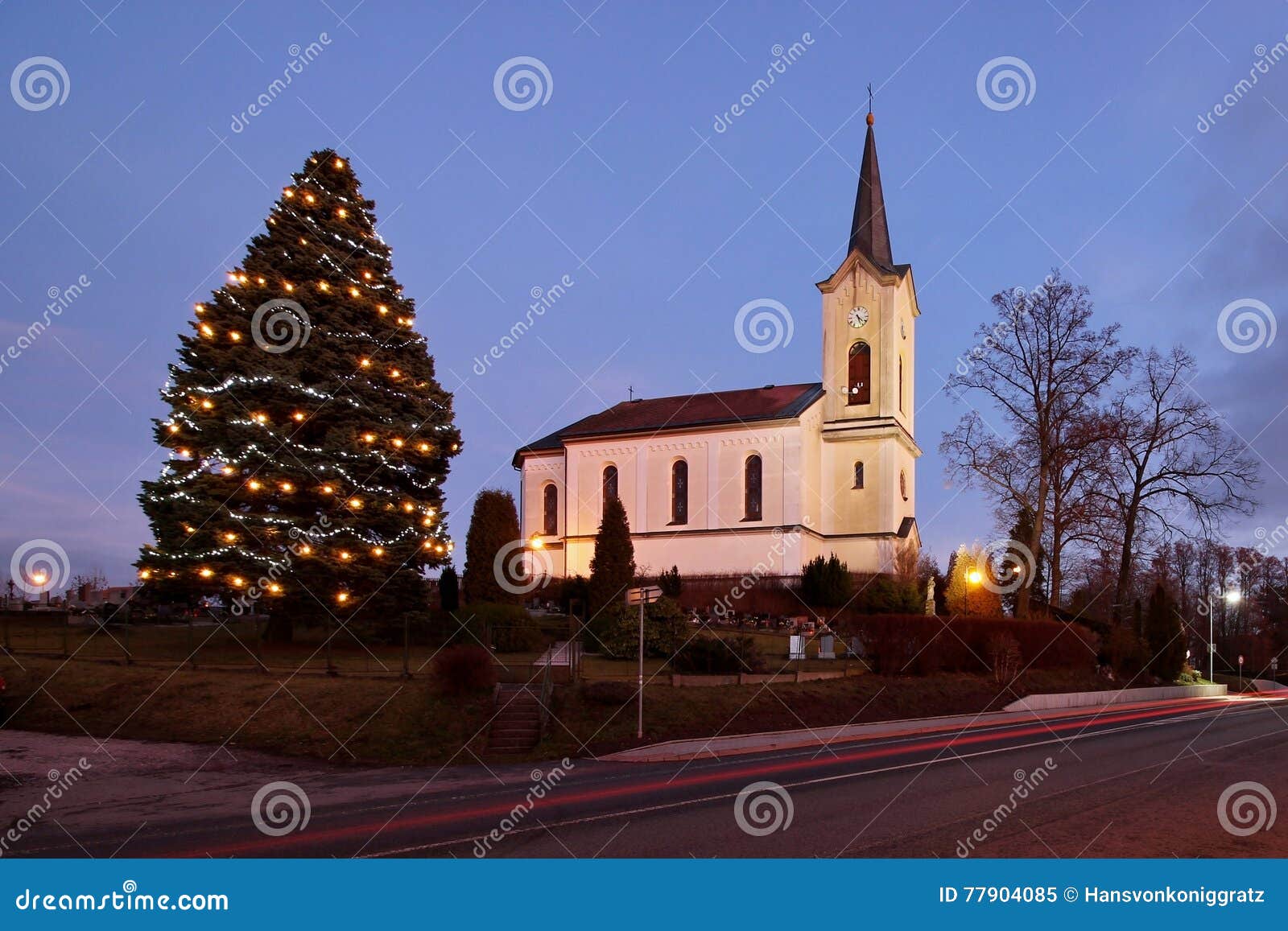 Old Catholic Church and the Christmas Tree Stock Image Image of time