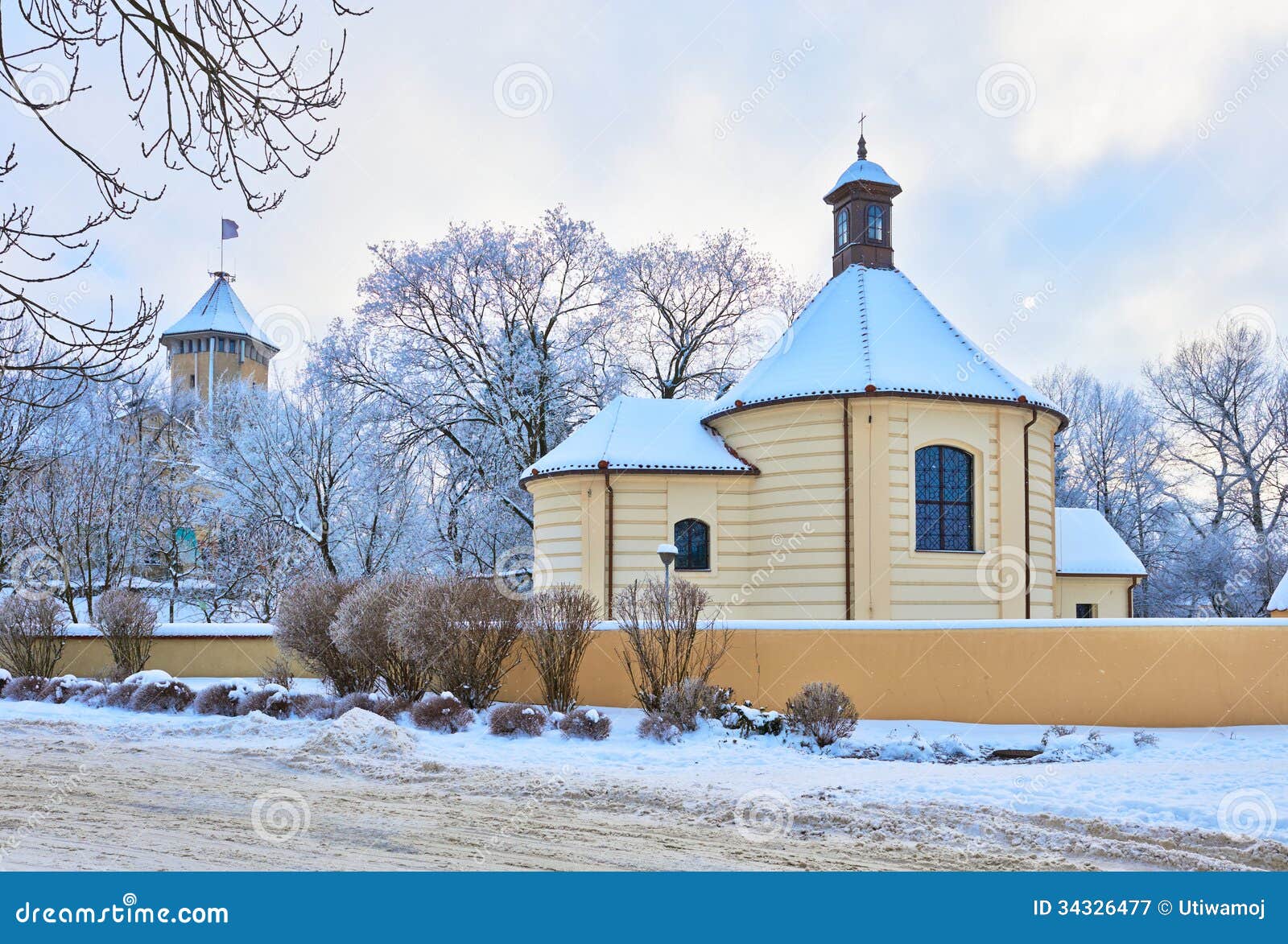 old chapel and the bishop's castle. winter landscape.